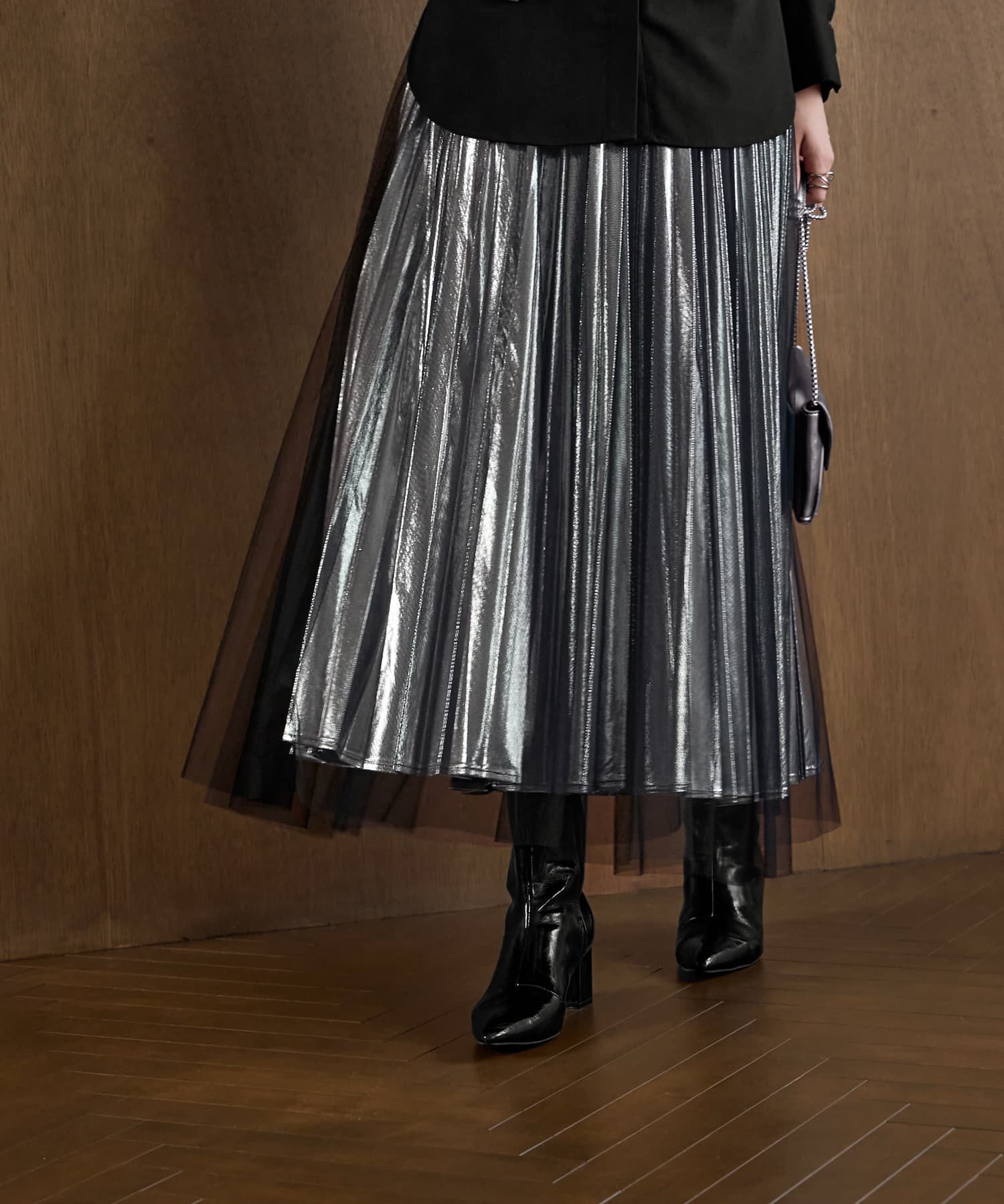 STYLE DELI 【LUXE】2枚セットのチュール&メタリックスカート スタイルデリ スカート ロング・マキシスカート シルバー ゴールド【送料無料】