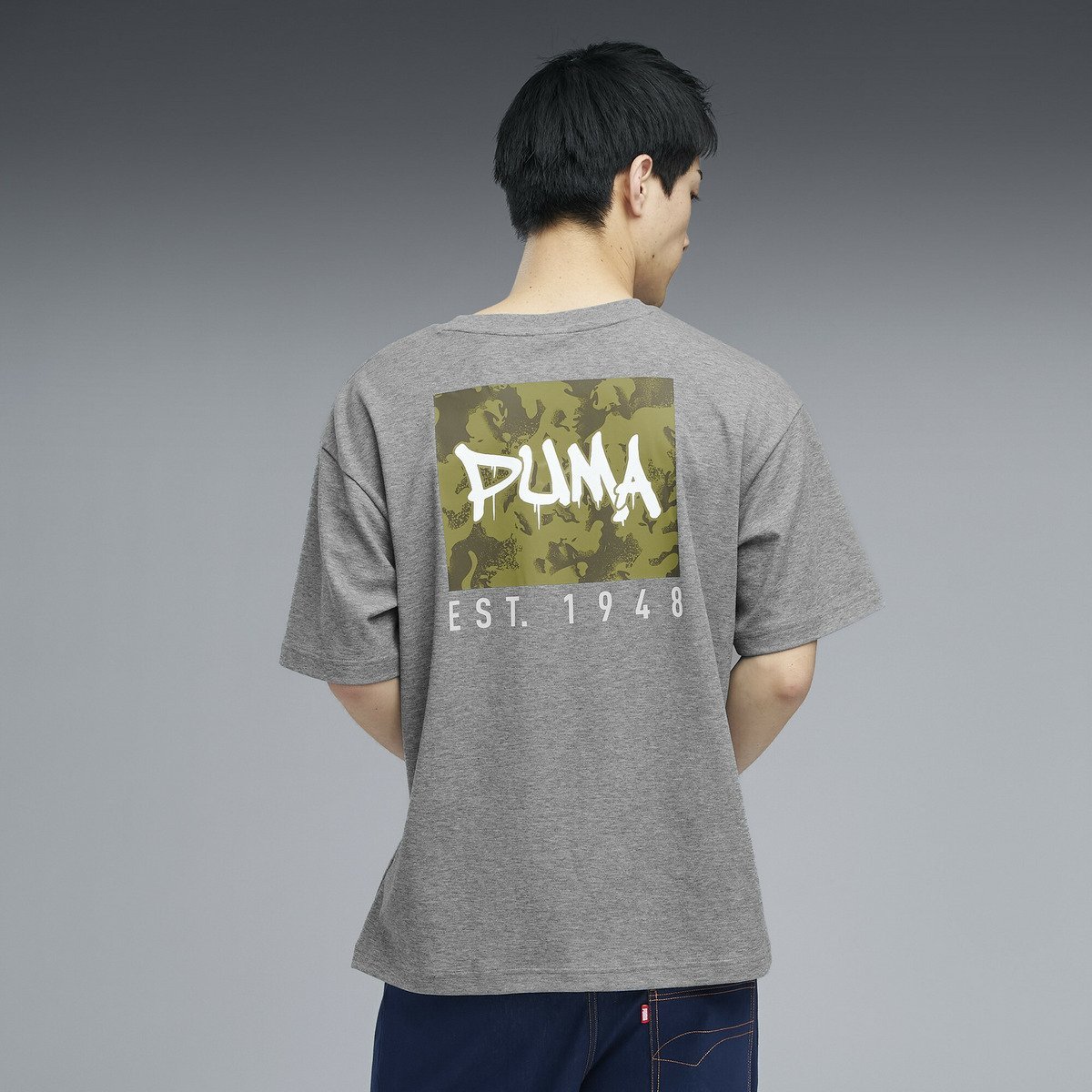 メンズ ESS エレベーテッド MX カモ バック プリント 半袖 Tシャツ SUMMER MX SS BK PT TEE プーマ トップス カットソー・Tシャツ グレー