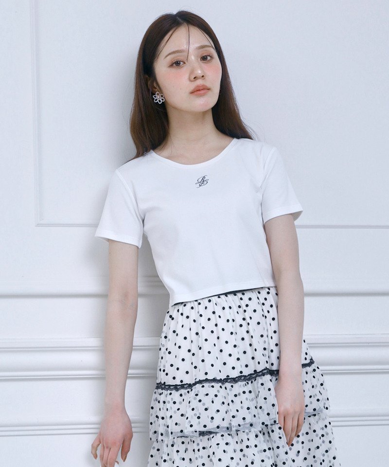 ROYAL PARTY ロゴ刺しゅうコンパクトTシャツ ロイヤルパーティー トップス カットソー・Tシャツ ホワイト イエロー ブルー ブラック