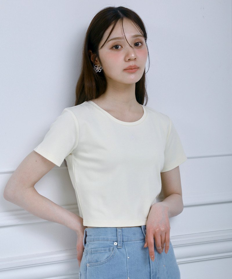 ROYAL PARTY ロゴ刺しゅうコンパクトTシャツ ロイヤルパーティー トップス カットソー・Tシャツ ホワイト イエロー ブルー ブラック