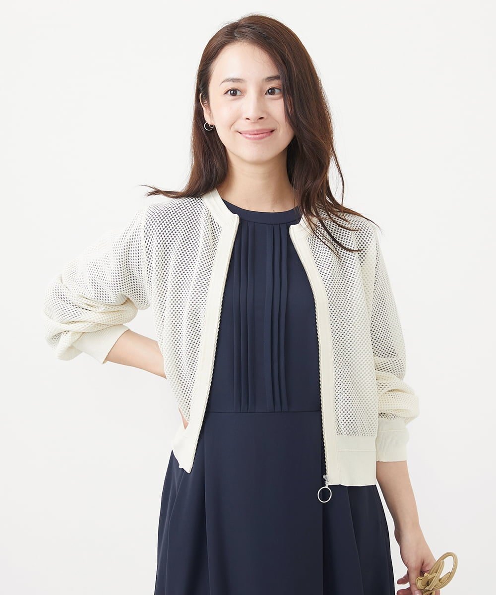 【SALE／20%OFF】MK MICHEL KLEIN（小さいサイズ） 【小さいサイズ】メッシュ編みシアーZIPニットブルゾン/洗える メゾンドゥサンク ジャケット・アウター その他のジャケット・アウター ネイビー イエロー ホワイト【送料無料】