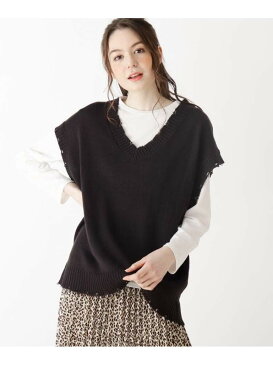 【SALE／50%OFF】SHOO・LA・RUE 【S-L/2点セット】ダメージニットベスト+ロンT シューラルー カットソー アンサンブル/ツインセット ブラック グリーン ベージュ