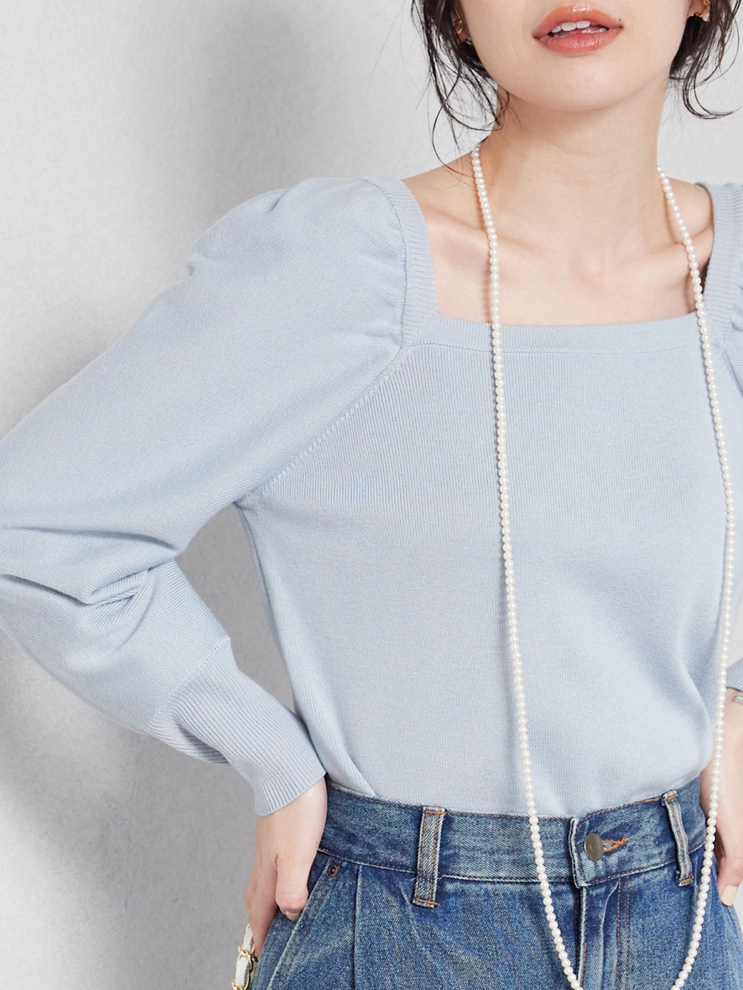 La boutique BonBon 【全骨格美人見え】総針スクエアネックパワショルニット ラブティックボンボン トップス ニット ブルー ホワイト ブラック【送料無料】のサムネイル