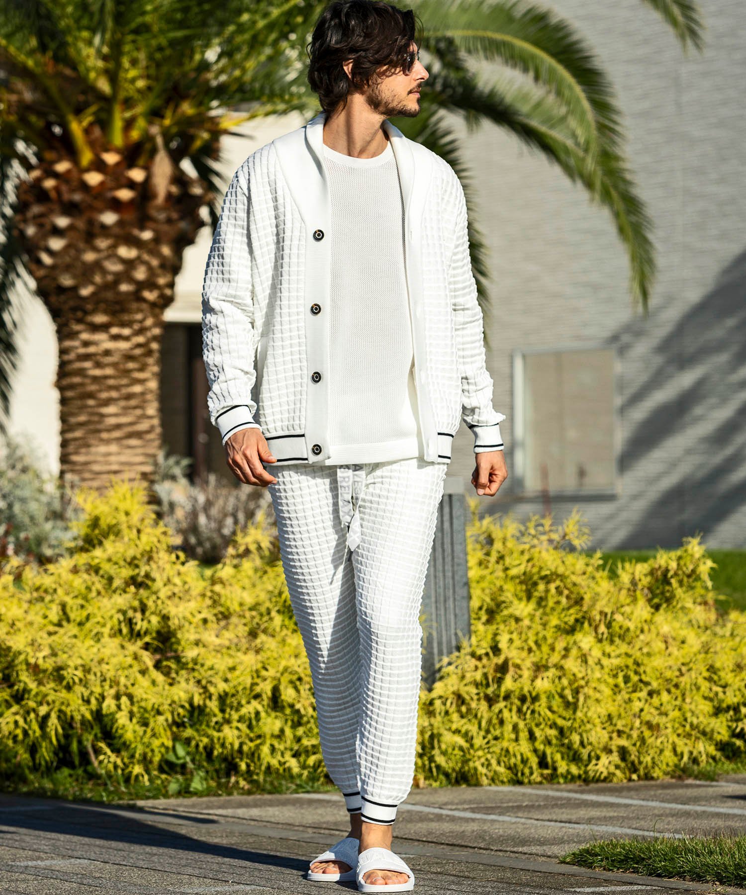 1PIU1UGUALE3 RELAX 1PIU1UGUALE3 RELAX スクエアパターンニットロングパンツ「LEON 4月号掲載」 シフォン パンツ その他のパンツ ホワイト ブラック