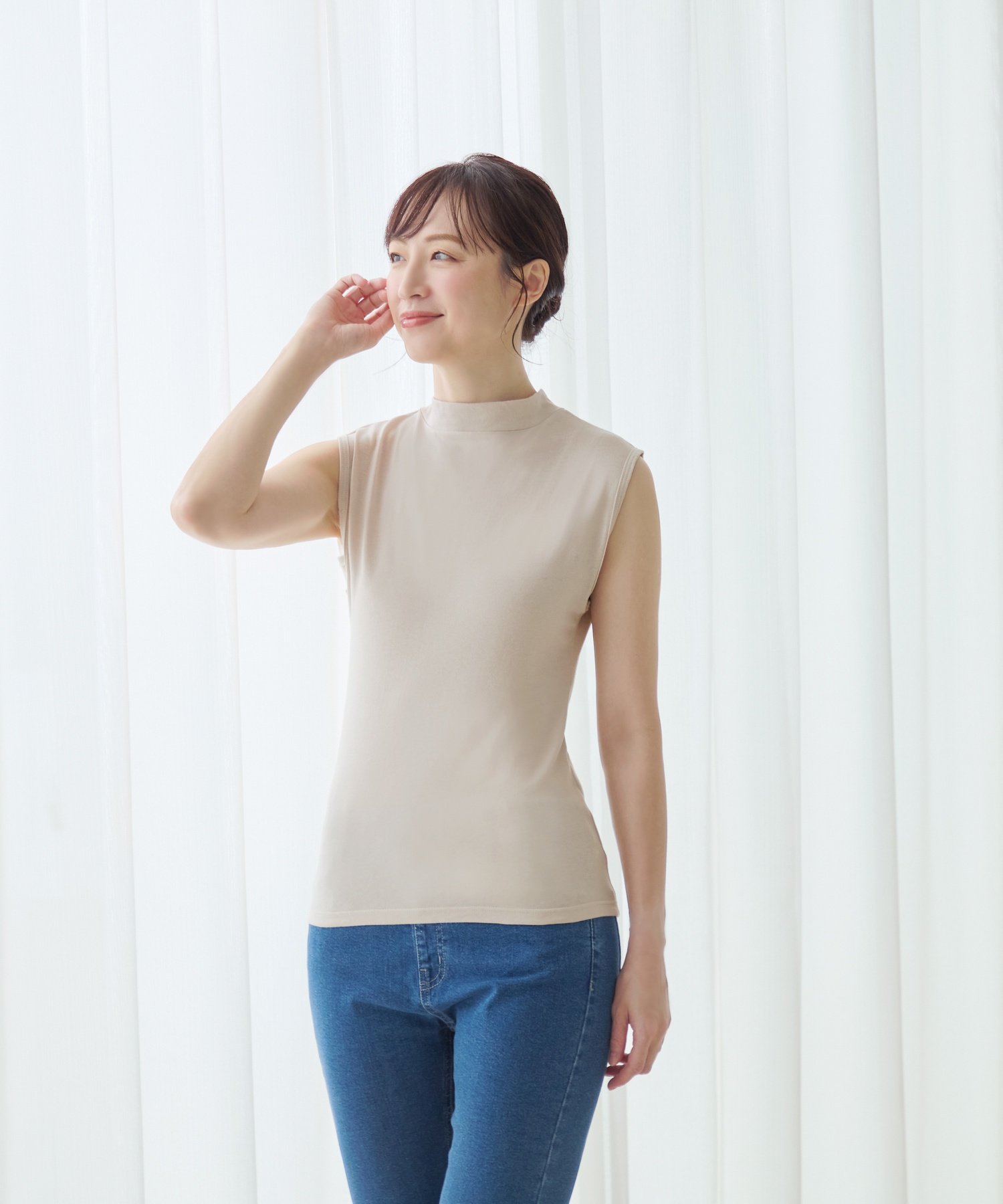 BACKYARD FAMILY 綿100%汗取り付モックネックインナー ローラ インナー・ルームウェア その他のインナー・ルームウェア ブラック ベージュ