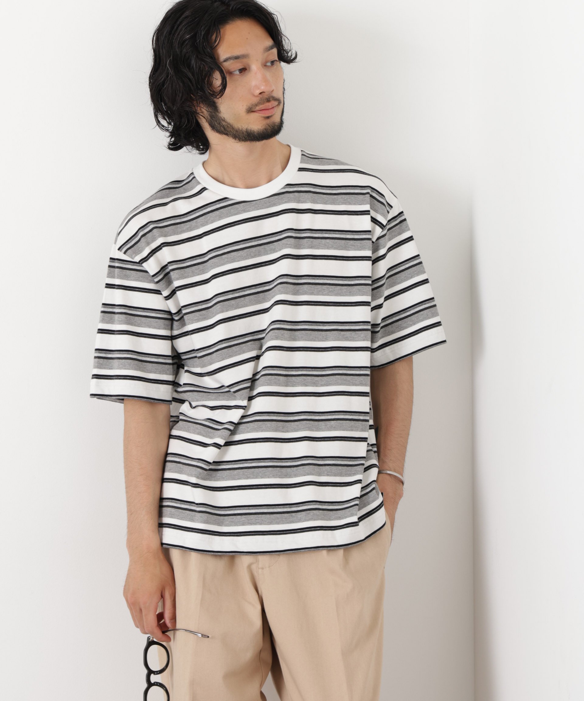 NANO universe コーマコットンランダムボーダーTシャツ ナノユニバース トップス カットソー・Tシャツ ベージュ ネイビー ブラウン ホワイト