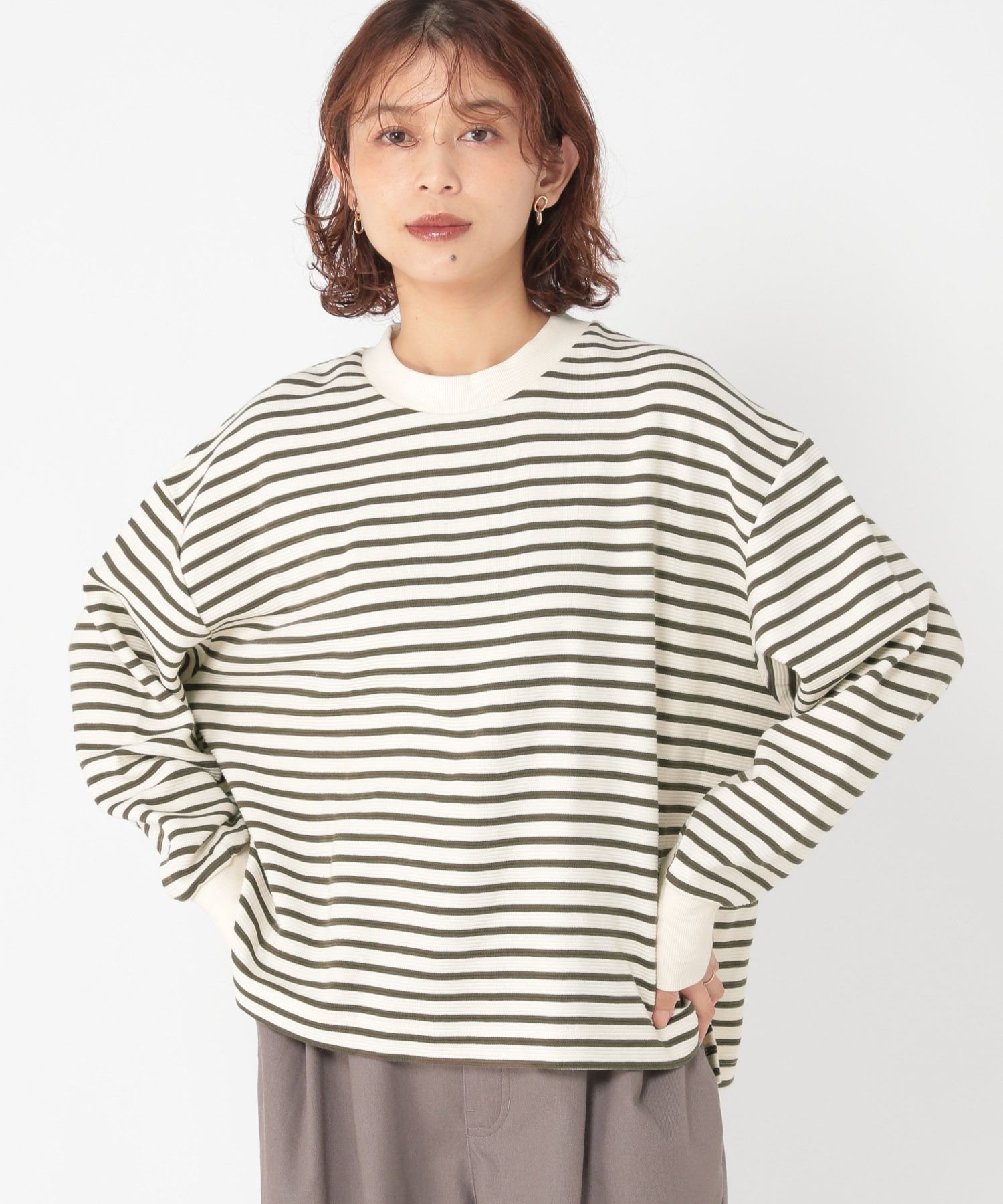 【SALE／30%OFF】studio CLIP コットンリップルボーダープルオーバー スタディオクリップ トップス ニット ホワイト ネイビー ワインレッド