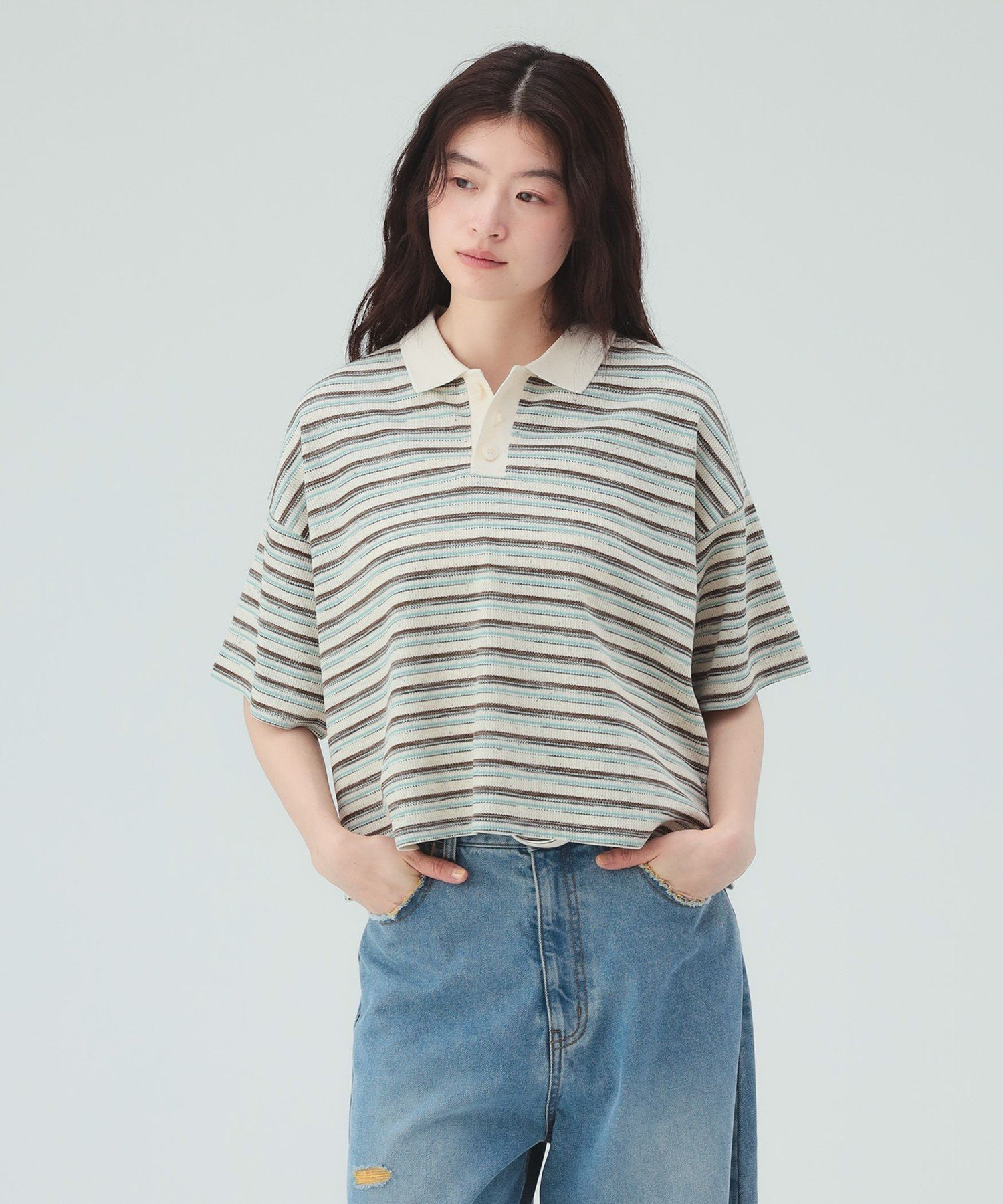 BEAMS HEART WOMEN ワッフル ボーダー ポロシャツ 26SS ウォッシャブル イージーケア 洗える ビームス ハート トップス ポロシャツ ホワイト ブラウン【送料無料】