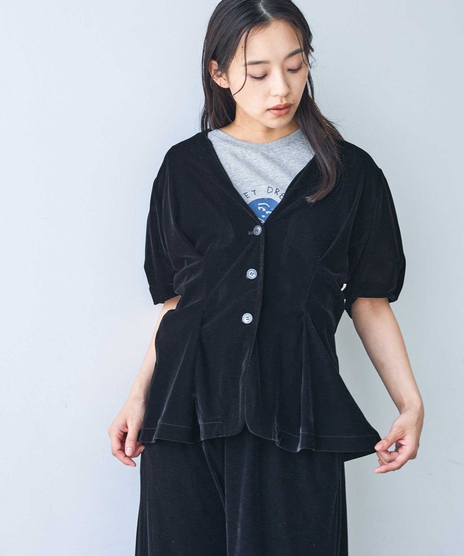 JEANASIS パフスリーブシアーベロアジャケットSS ジーナシス ジャケット・アウター ノーカラージャケット ブラック グレー