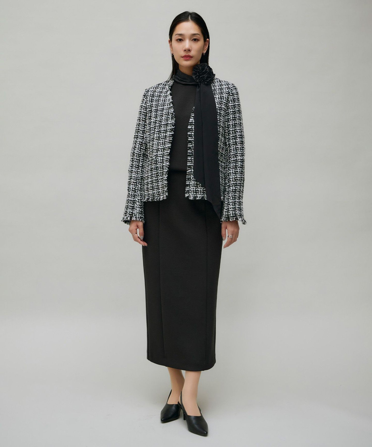 ICB L 【CLASSY.1月号掲載】ルレックスツイード ノーカラージャケット アイシービー ジャケット・アウター ノーカラージャケット ブラック