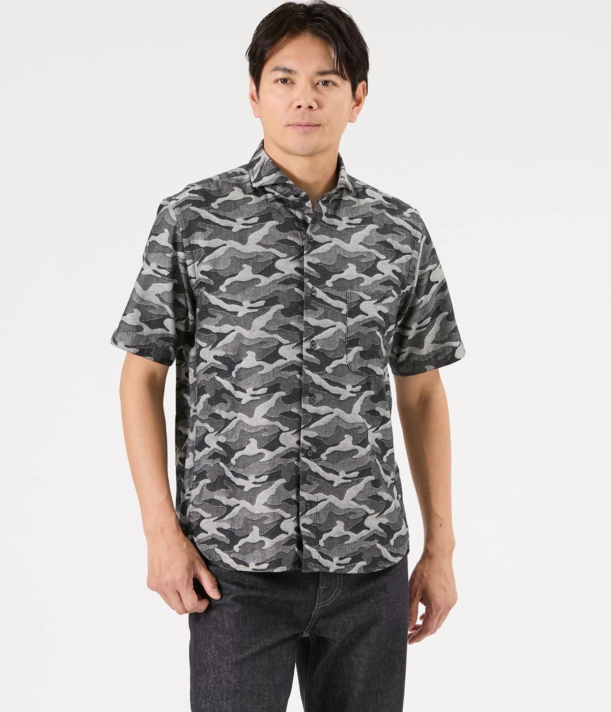 NEWYORKER MEN ダンガリージャカード カモフラージュ 半袖カッタウェイカラーシャツ ニューヨーカー トップス シャツ・ブラウス ブラック ブルー