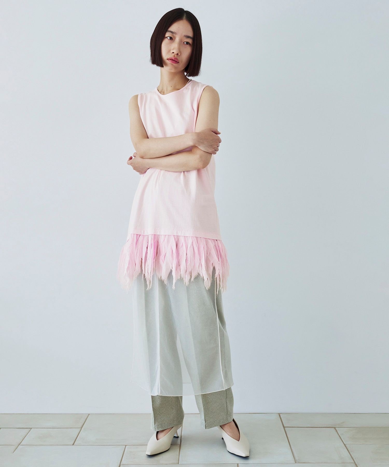 AAYUS 別注Feather frill cut&sew tunic アダムエロペ トップス カットソー・Tシャツ ブラック ピンク