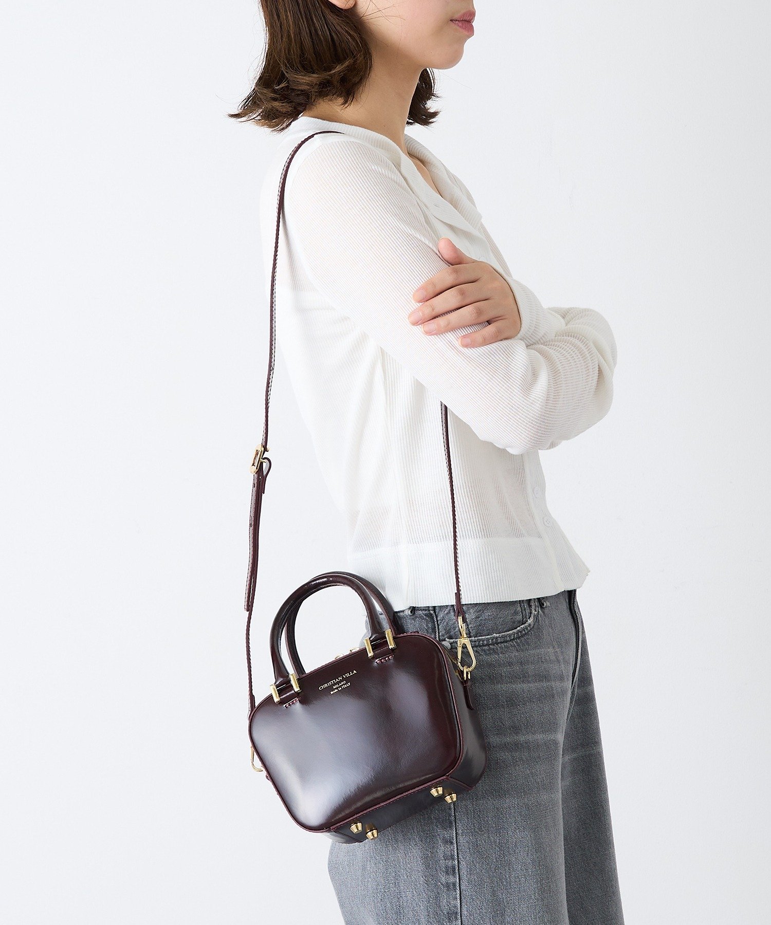 【SALE／25%OFF】CHRISTIAN VILLA CHRISTIAN VILLA/ガラスレザー 2way台形ミニボストンバッグ 6346 セットアップセブン バッグ ボストンバッグ ブラック【送料無料】
