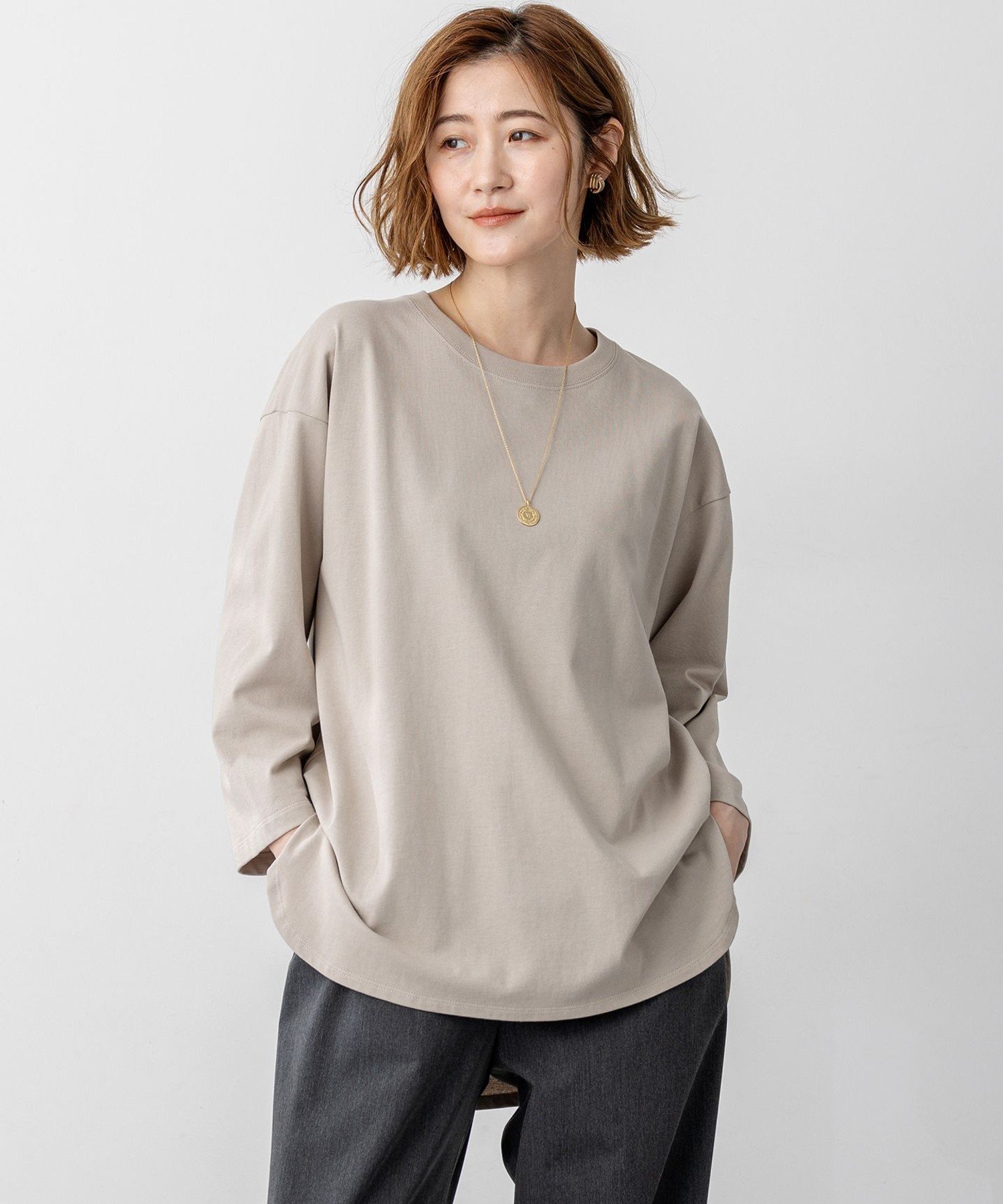 23区 【SLOW/一部店舗限定】MVSコットン チュニック シンプルTEE ニジュウサンク トップス カットソー・Tシャツ ベージュ グレー カーキグリーン