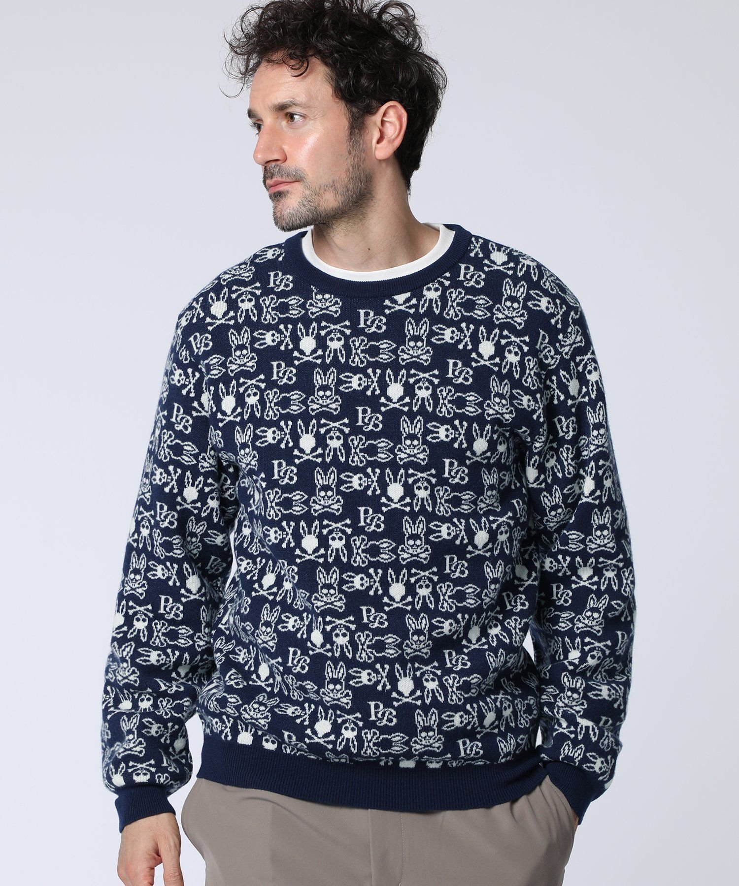 Psycho Bunny オリジナルジャガード クルーネック総柄ニット サイコバニー トップス ニット ネイビー【送料無料】のサムネイル