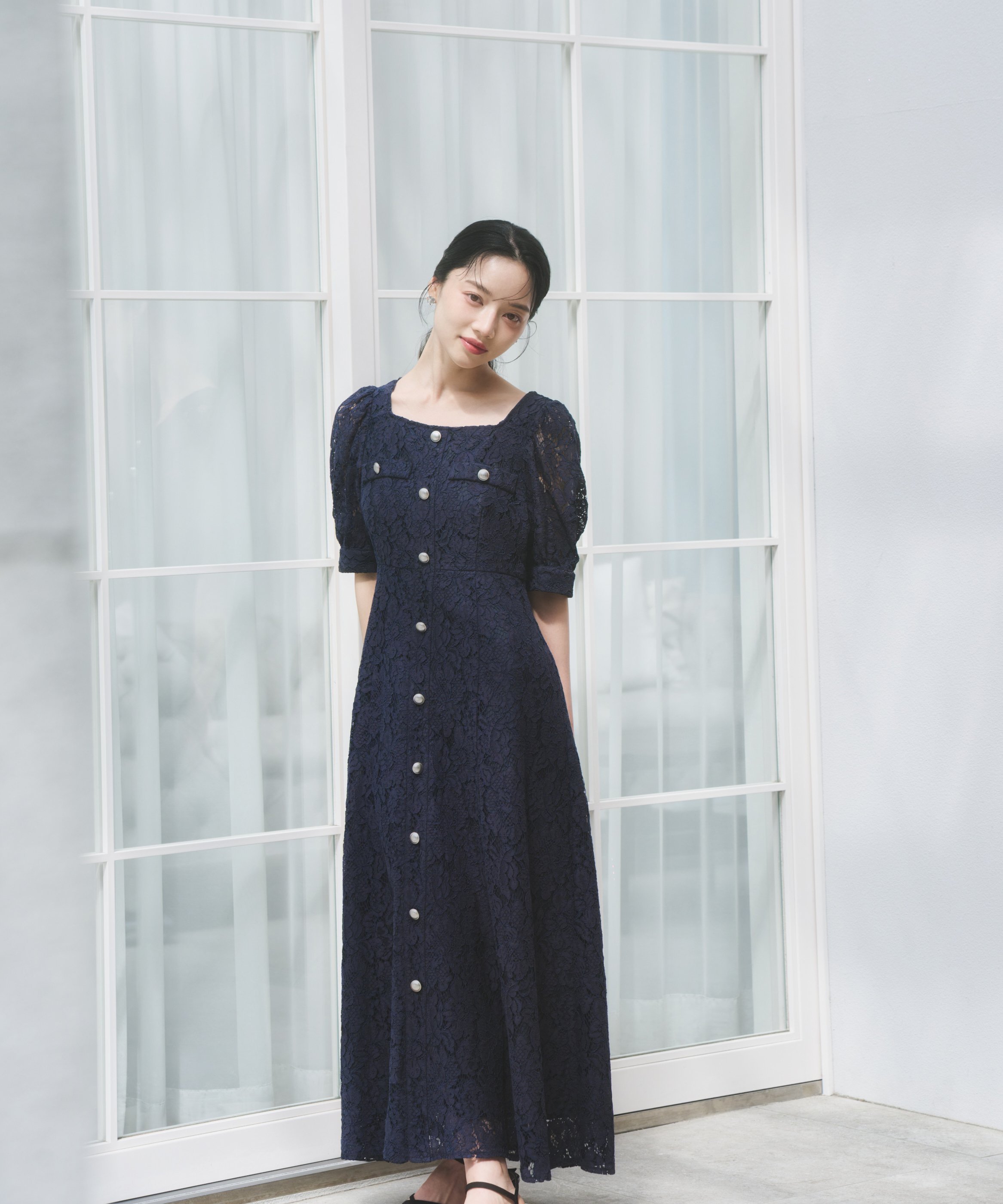 PROPORTION BODY DRESSING フロントボタンレースワンピース 26SS プロポーションボディドレッシング ワンピース・ドレス ワンピース ネイビー ホワイト ピンク