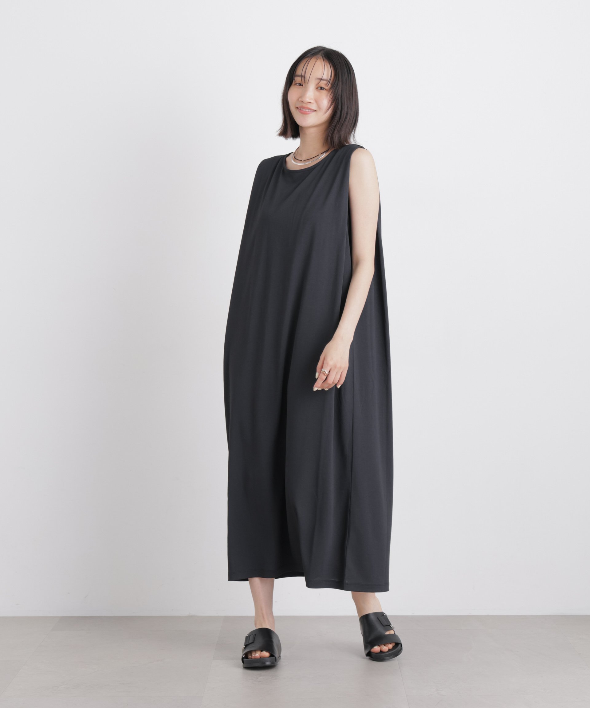 NANO universe 汗隠糸加工&多彩機能カットソー素材 タックスリーブワンピース ナノユニバース ワンピース・ドレス ワンピース ブラウン ベージュ ブラック