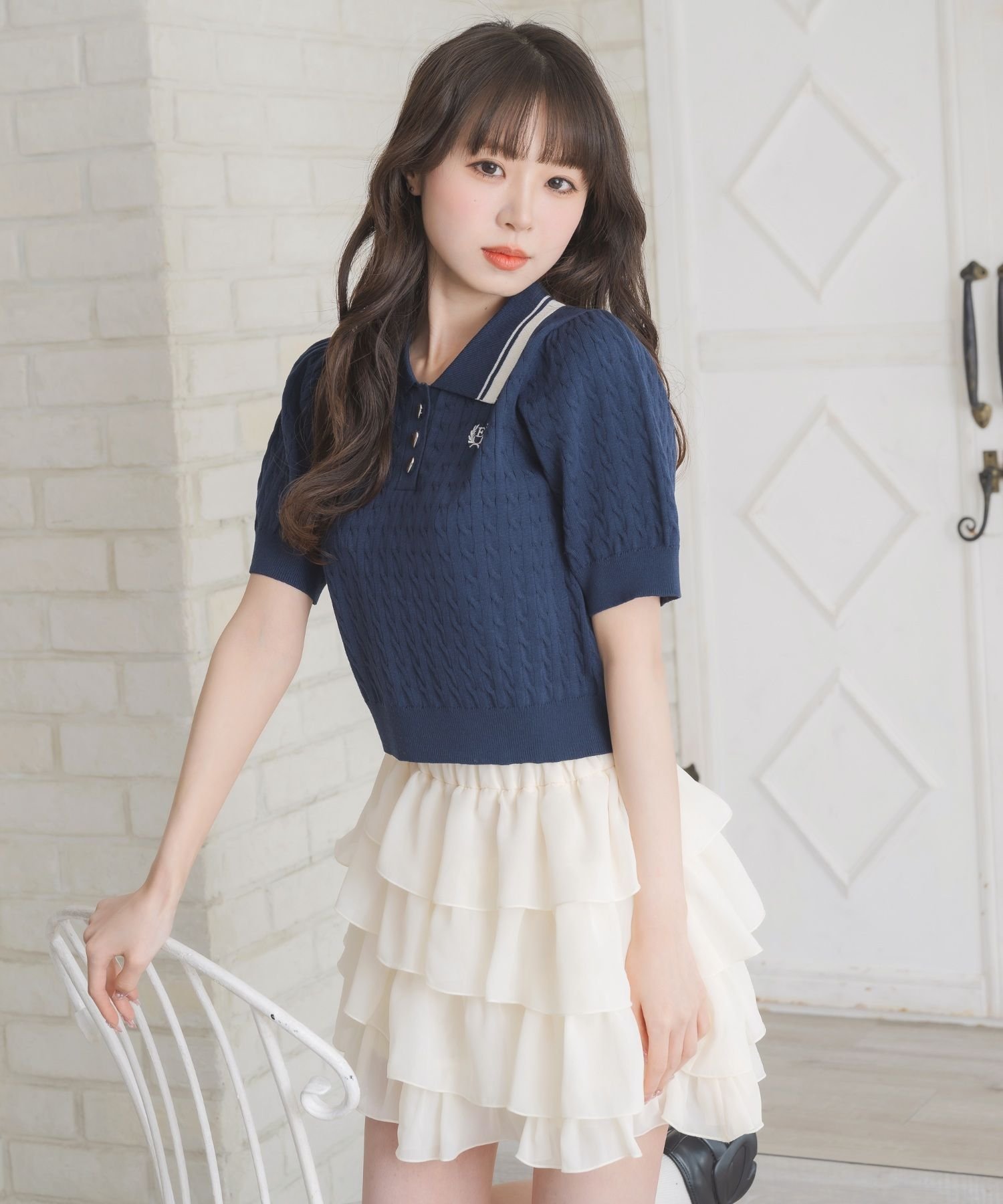 ems excite ケーブルパフ袖NTPO レトロガール トップス ニット ネイビー ベージュ ブルー(4)