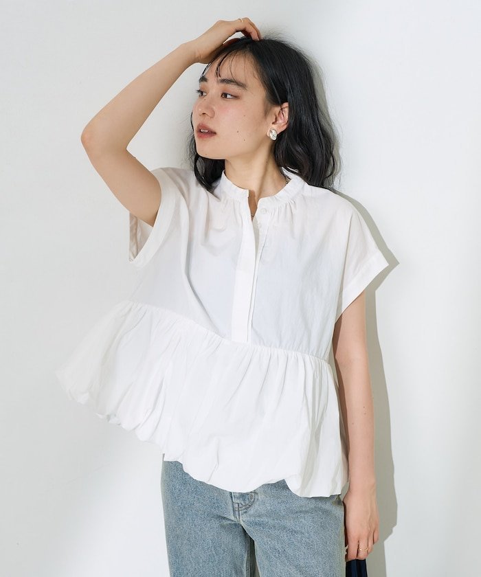 【SALE／50%OFF】FREAK'S STORE 裾バルーン フレンチスリーブチュニック 25SS フリークスストア トップス シャツ・ブラウス ブラック ホワイト【送料無料】のサムネイル