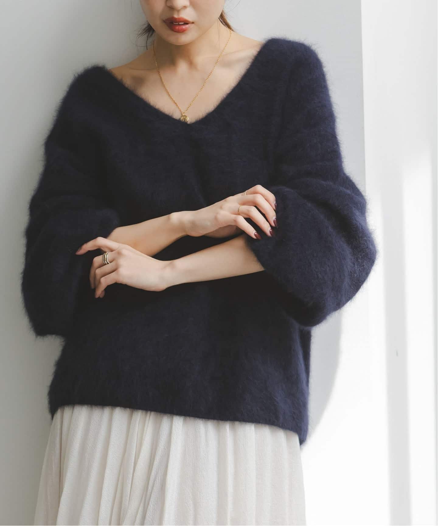 NOBLE ファーニット2WAYパフスリーブニット ノーブル トップス ニット ベージュ ネイビー【送料無料】のサムネイル