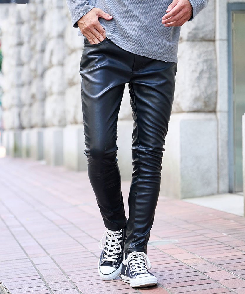 CavariA CavariA レザーライクスキニーパンツ シルバーバレット パンツ その他のパンツ ブラック【送料無料】