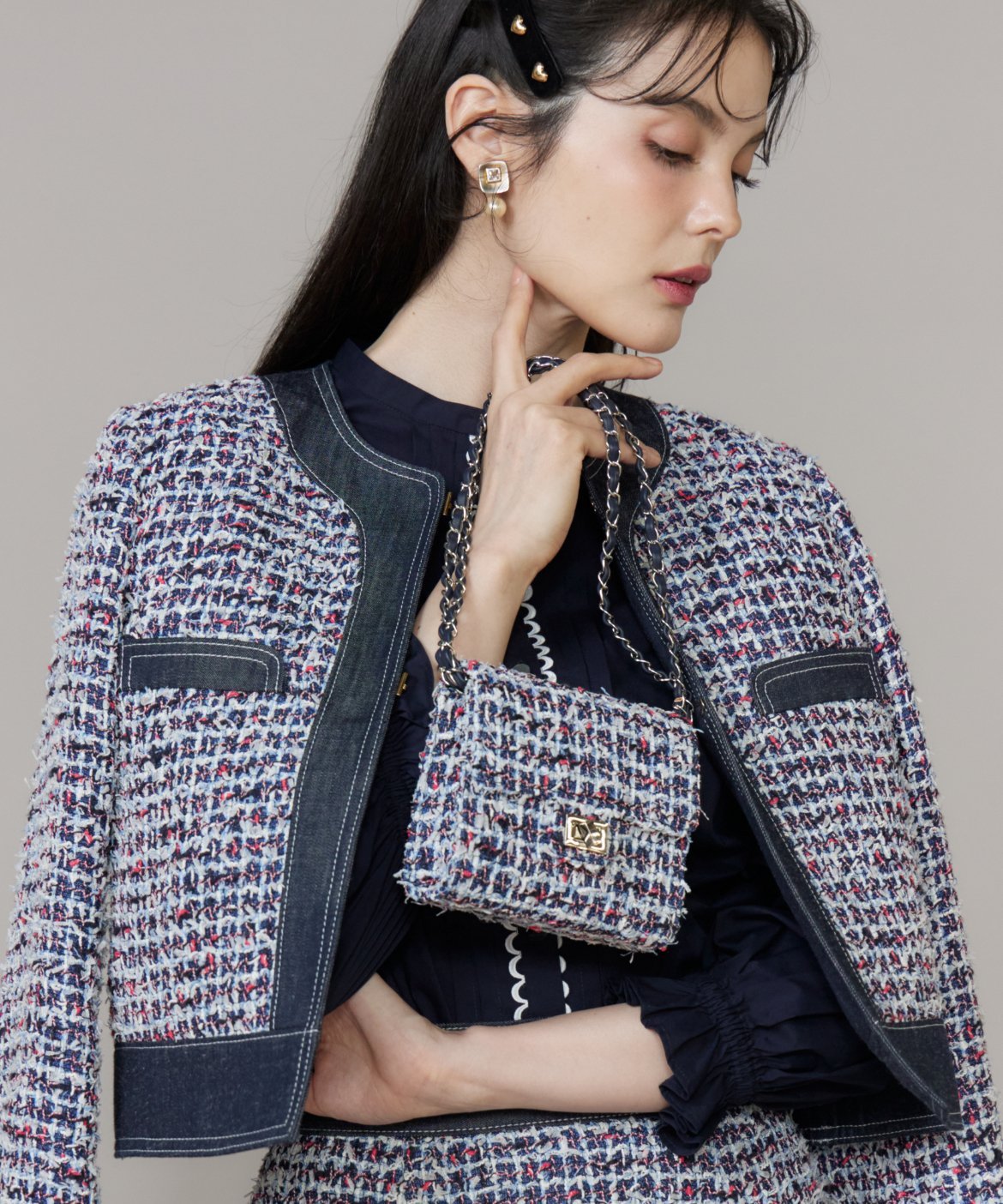 Maglie par ef-de 《M Maglie le cassetto》デニムファンシーツイードショルダーバッグ マーリエ ル カセット バッグ ショルダーバッグ ネイビー【送料無料】