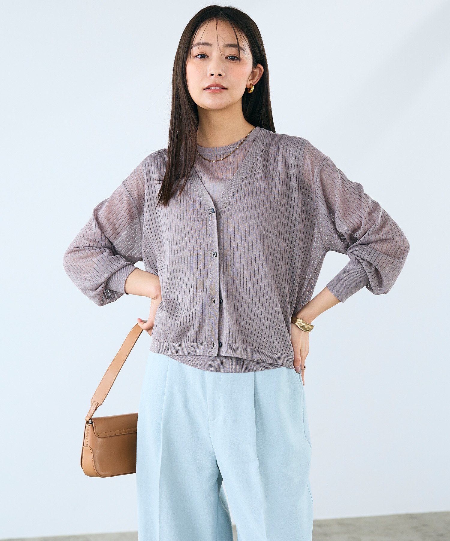 cross marche 《洗える》サマ美え シアーリブニットVネックカーディガン クロスマルシェ トップス カーディガン ブラウン ブラック【送料無料】