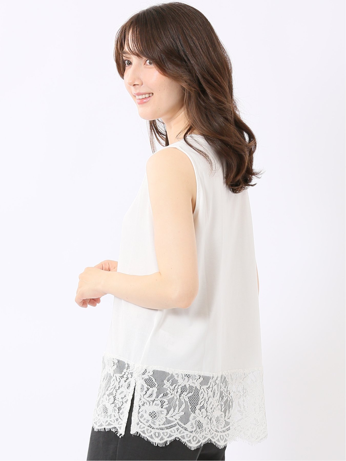 m.f.editorial 綿混 プレーティング 天竺 裾 レース クルーネック タンクトップ レディース タカキュー トップス ノースリーブ・タンクトップ ホワイト