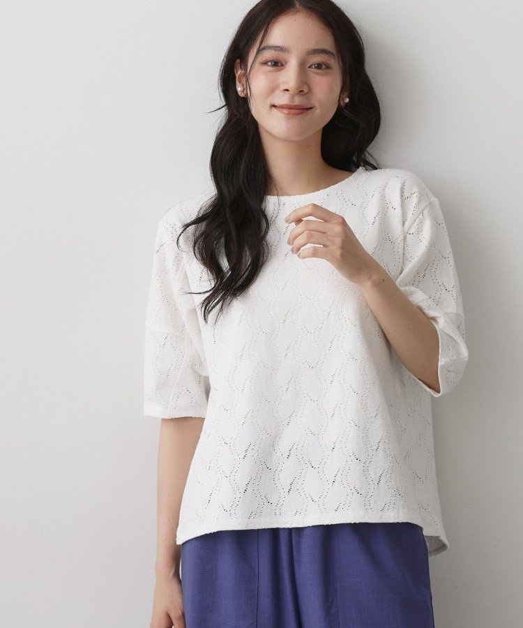 【マシンウォッシャブル】5分袖レースカットソー デッサン トップス カットソー・Tシャツ ホワイト ブラック