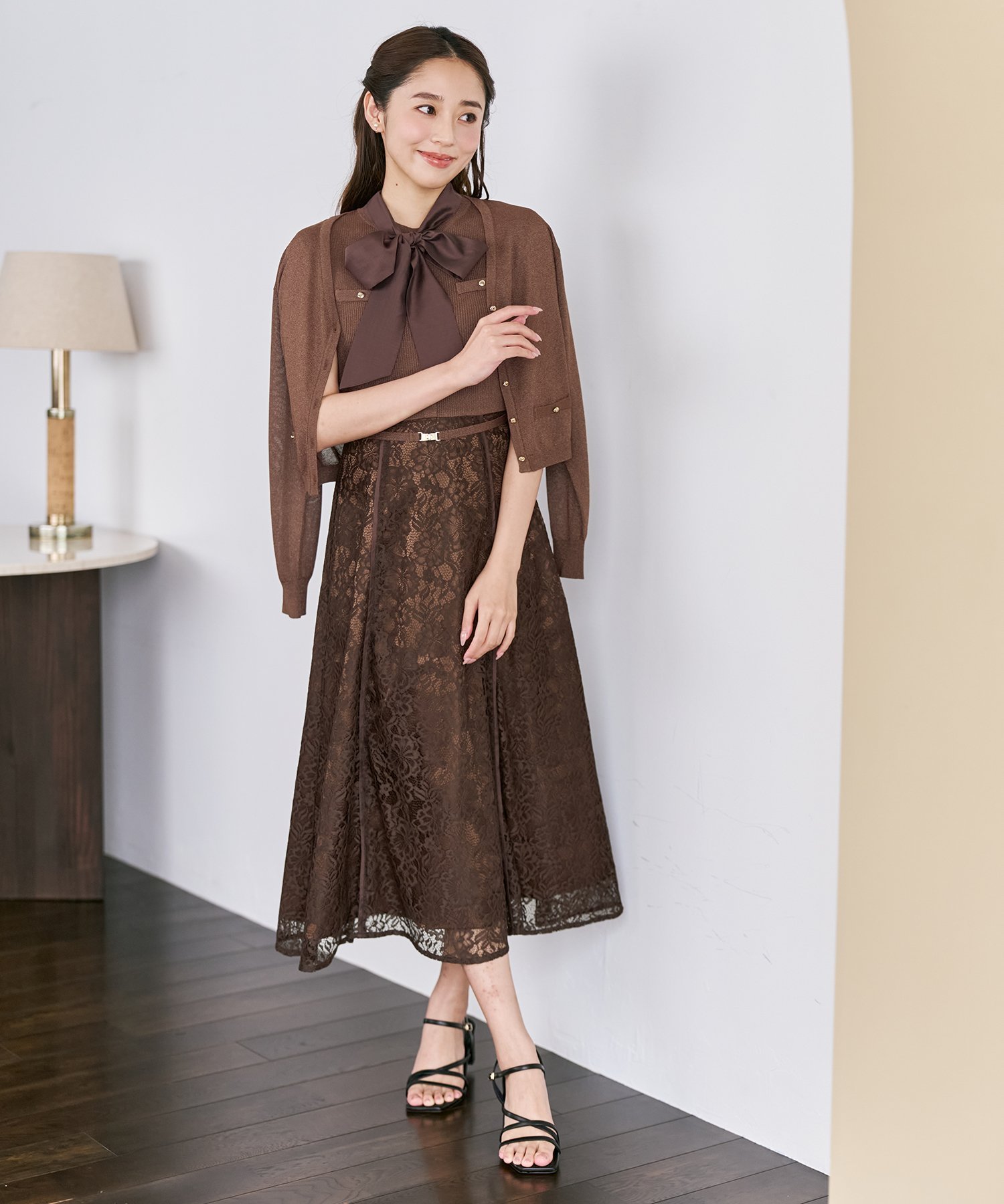 MISCH MASCH ボウタイフレンチスリーブレースドッキングワンピース MM637403 ミッシュマッシュ ワンピース・ドレス ワンピース ブラウン イエロー