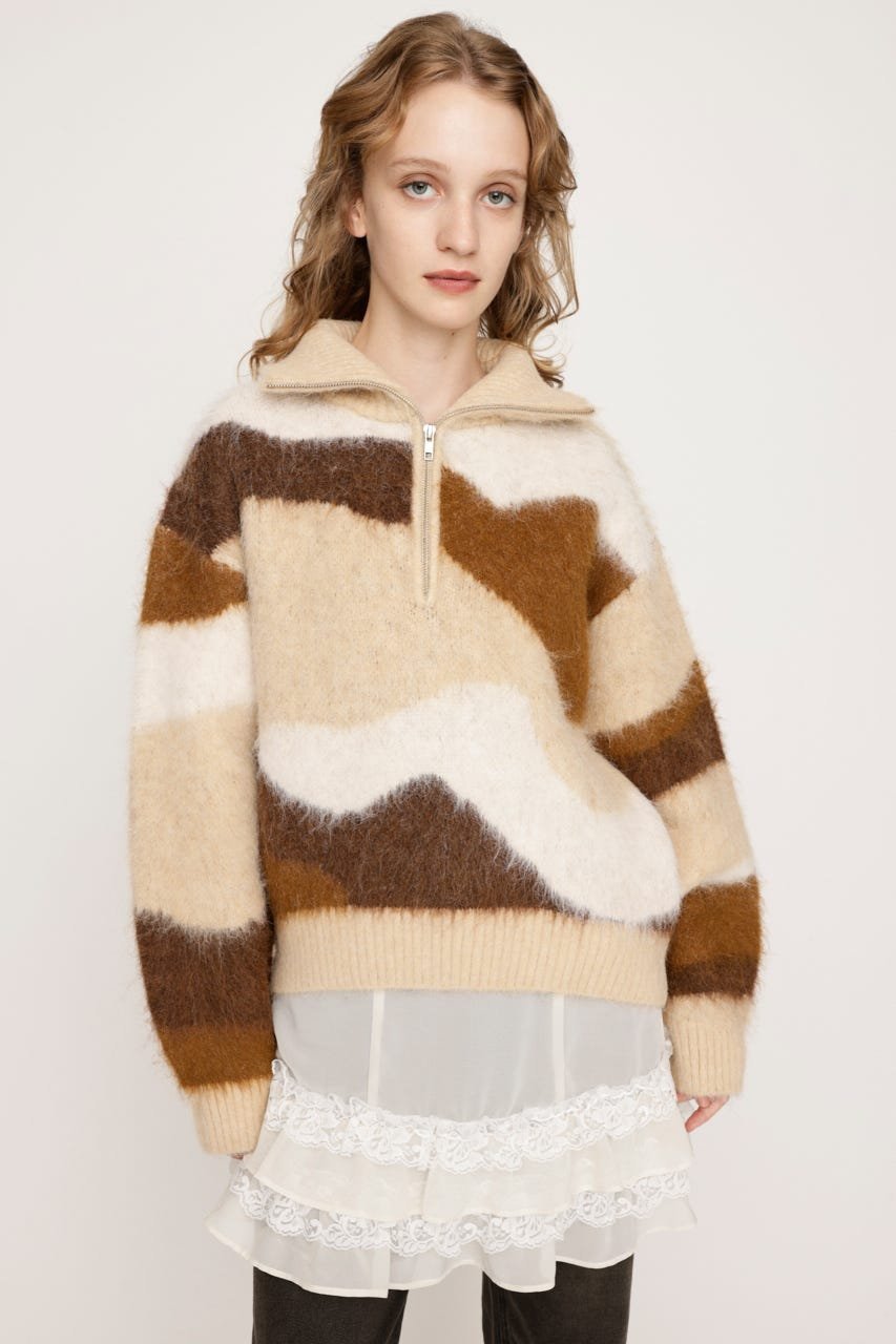 SLY FRONT ZIP MARBLE KNIT トップス スライ トップス ニット ネイビー ブラック ベージュ