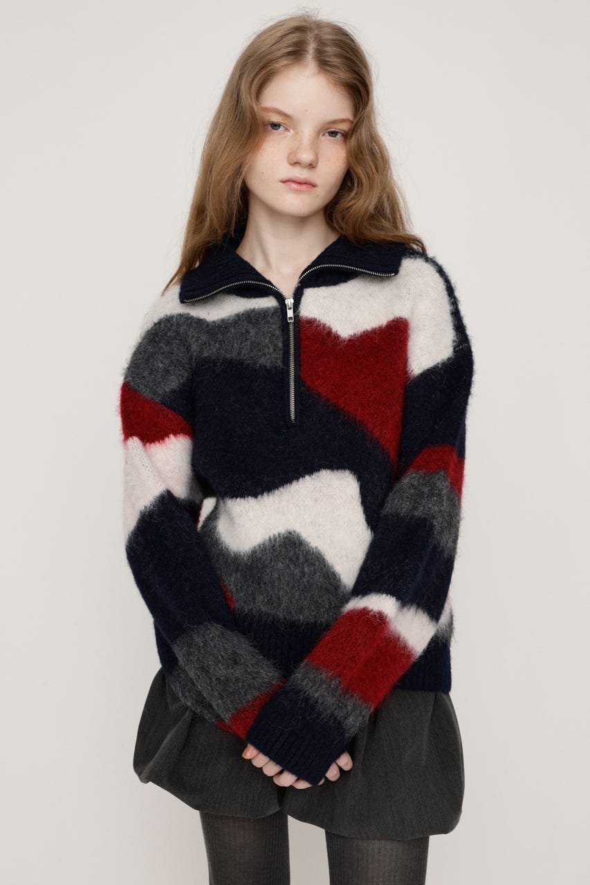 SLY FRONT ZIP MARBLE KNIT トップス スライ トップス ニット ネイビー ブラック ベージュ