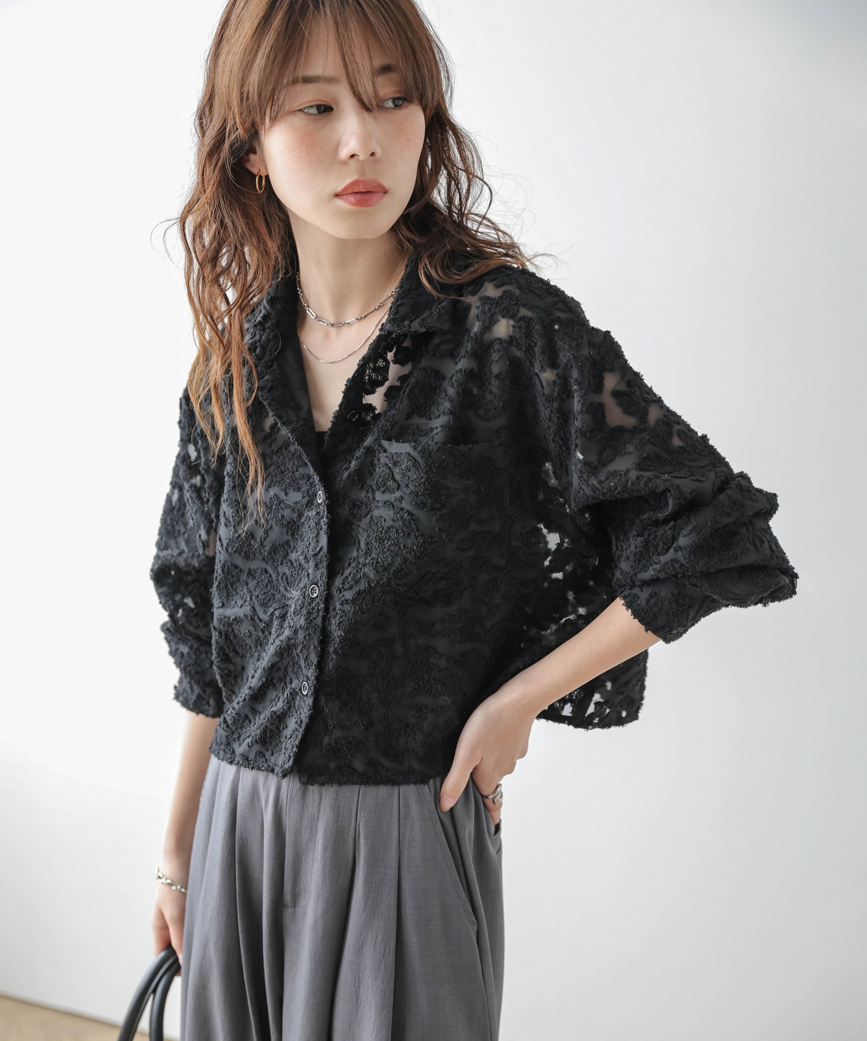 La-gemme シアージャガード ショート丈シャツ ラジュール トップス シャツ・ブラウス ブラック ホワイト