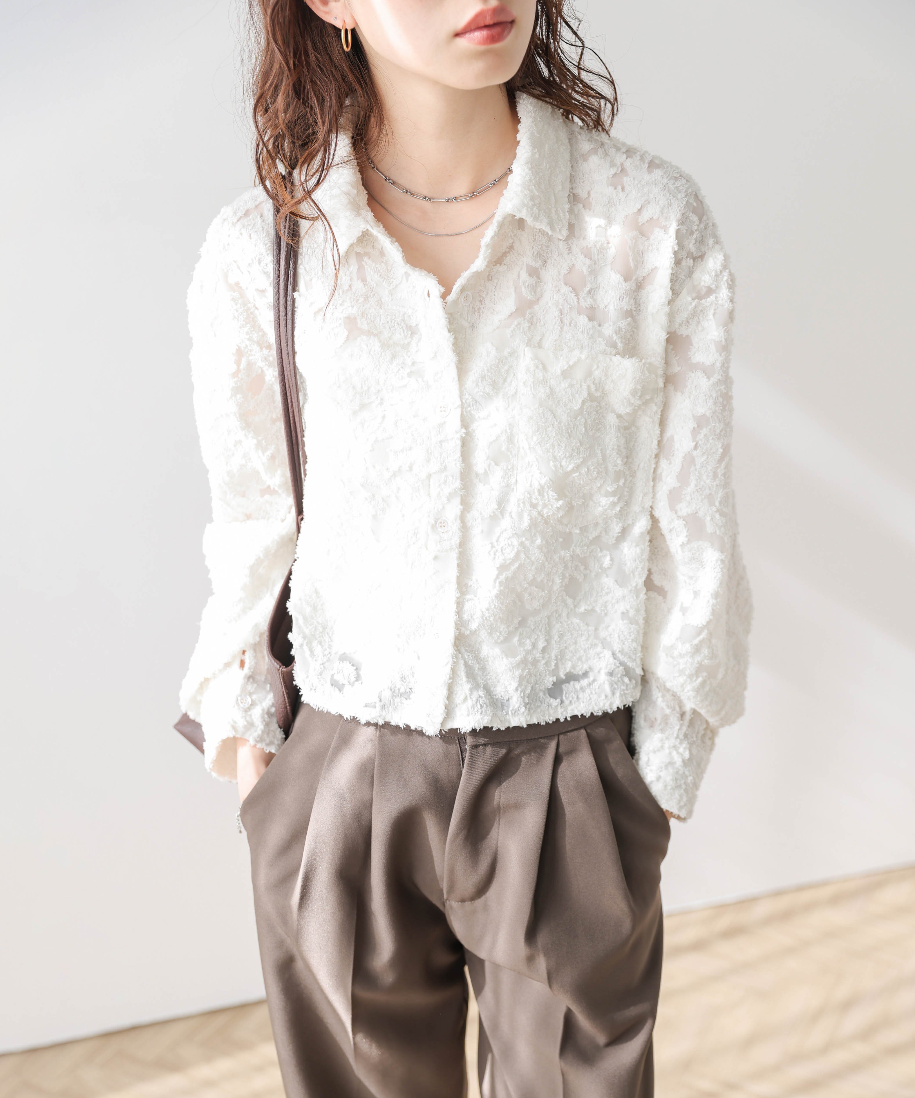 La-gemme シアージャガード ショート丈シャツ ラジュール トップス シャツ・ブラウス ブラック ホワイト