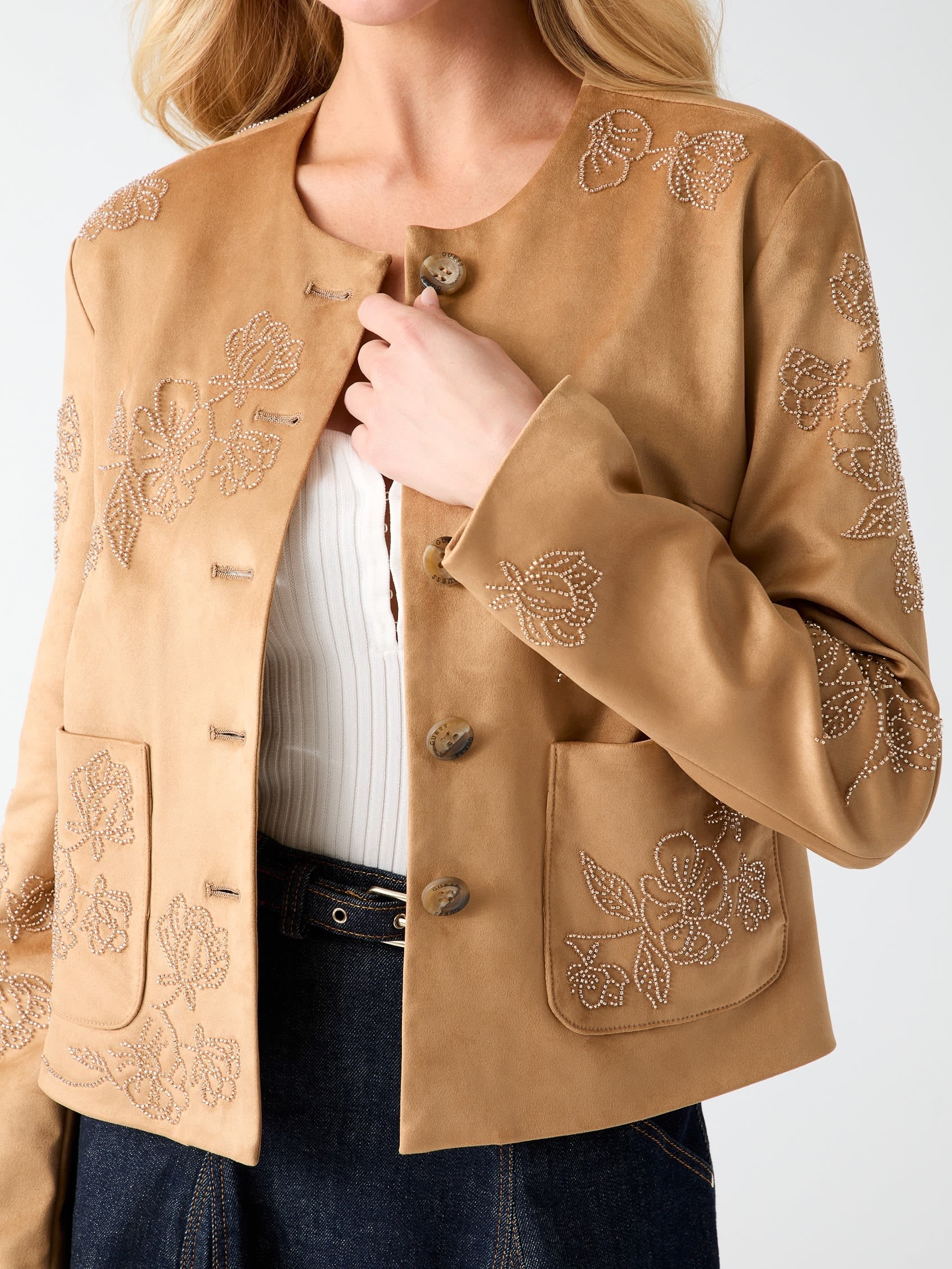 GUESS/(W)OCEANE Suede Beaded Jacket ゲス ジャケット・アウター ノーカラージャケット ブラウン