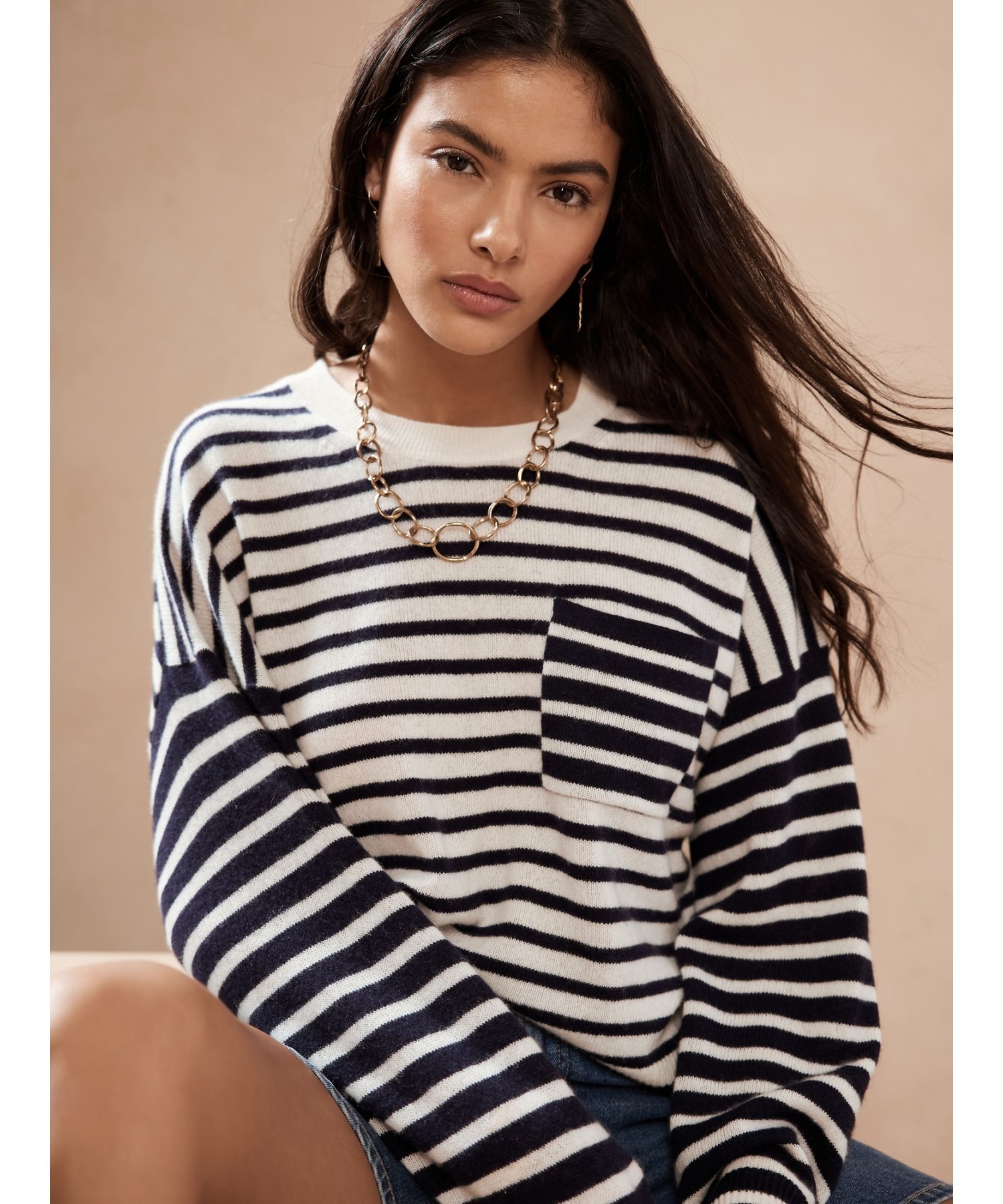 【SALE／67%OFF】BANANA REPUBLIC (W)カシミア ストライプセーター バナナ・リパブリック トップス ニット ネイビー イエロー【送料無料】のサムネイル