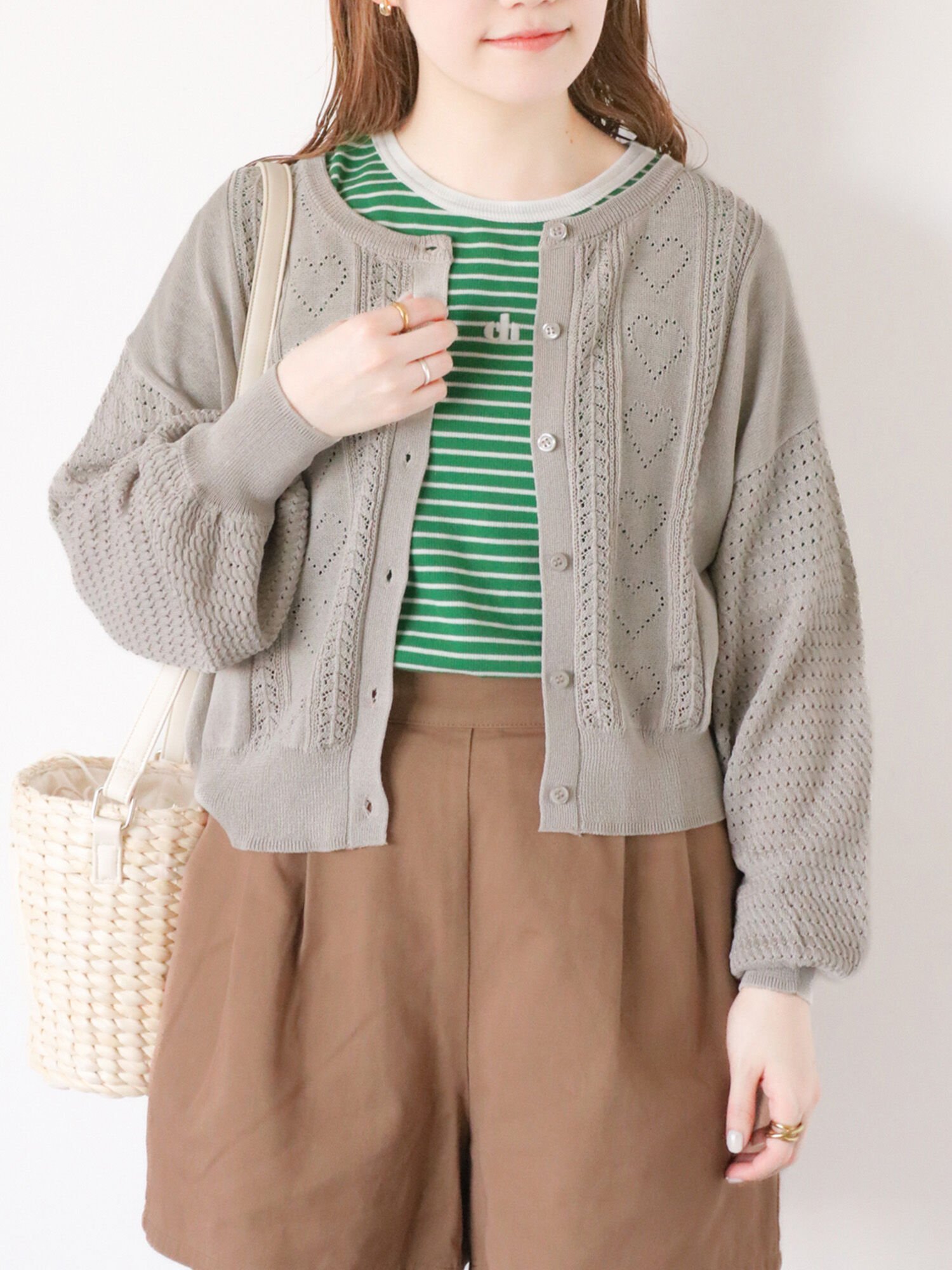 【SALE／50%OFF】ehka sopo ハート透かし編みカーディガン エヘカソポ トップス カーディガン グレー ホワイト レッド グリーンのサムネイル