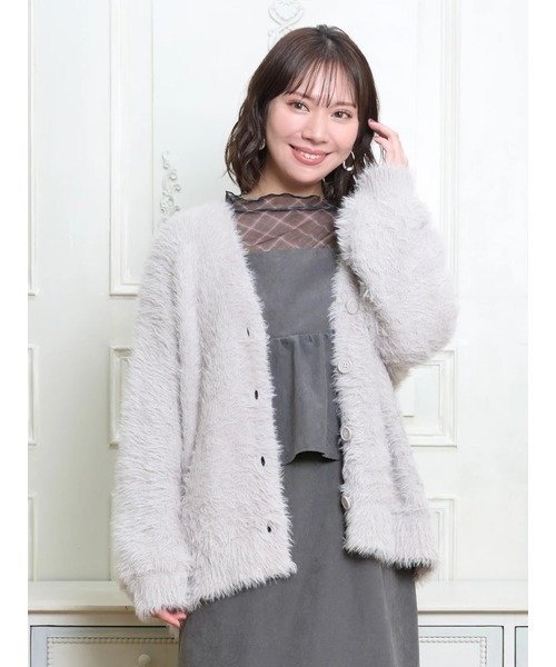 Re-J&SUPURE シャギーニットVネックゆるカーディガン リジェイアンドスプル トップス カーディガン グレー ホワイト【送料無料】