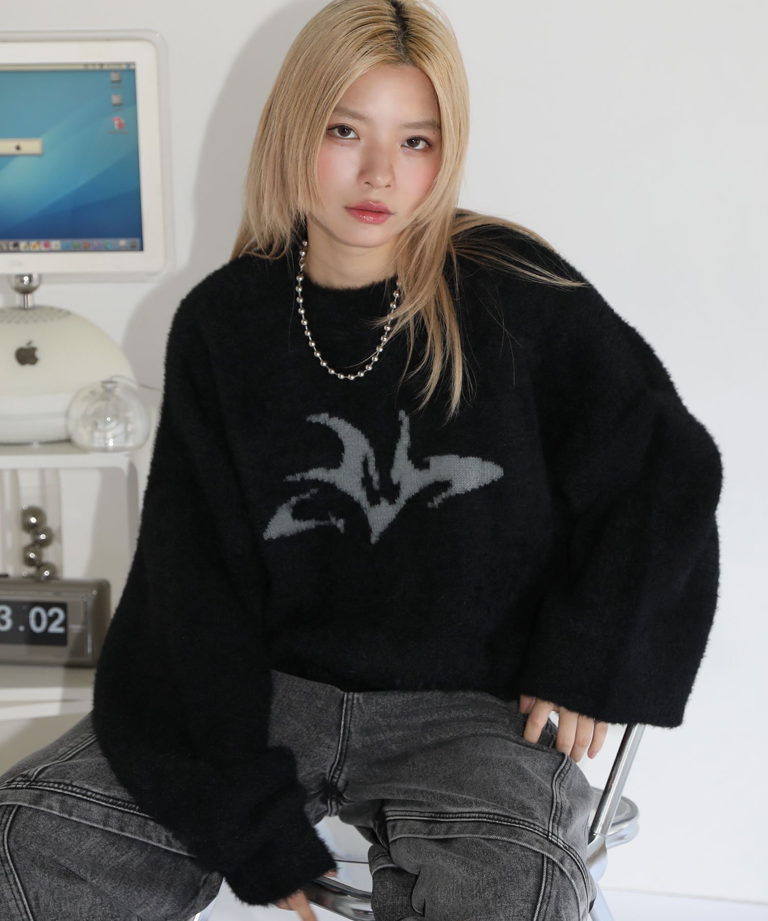 MSG フェザーグラフィックショートニット カジュアル トップス ニット ブラウン ブラック グレー【送料..