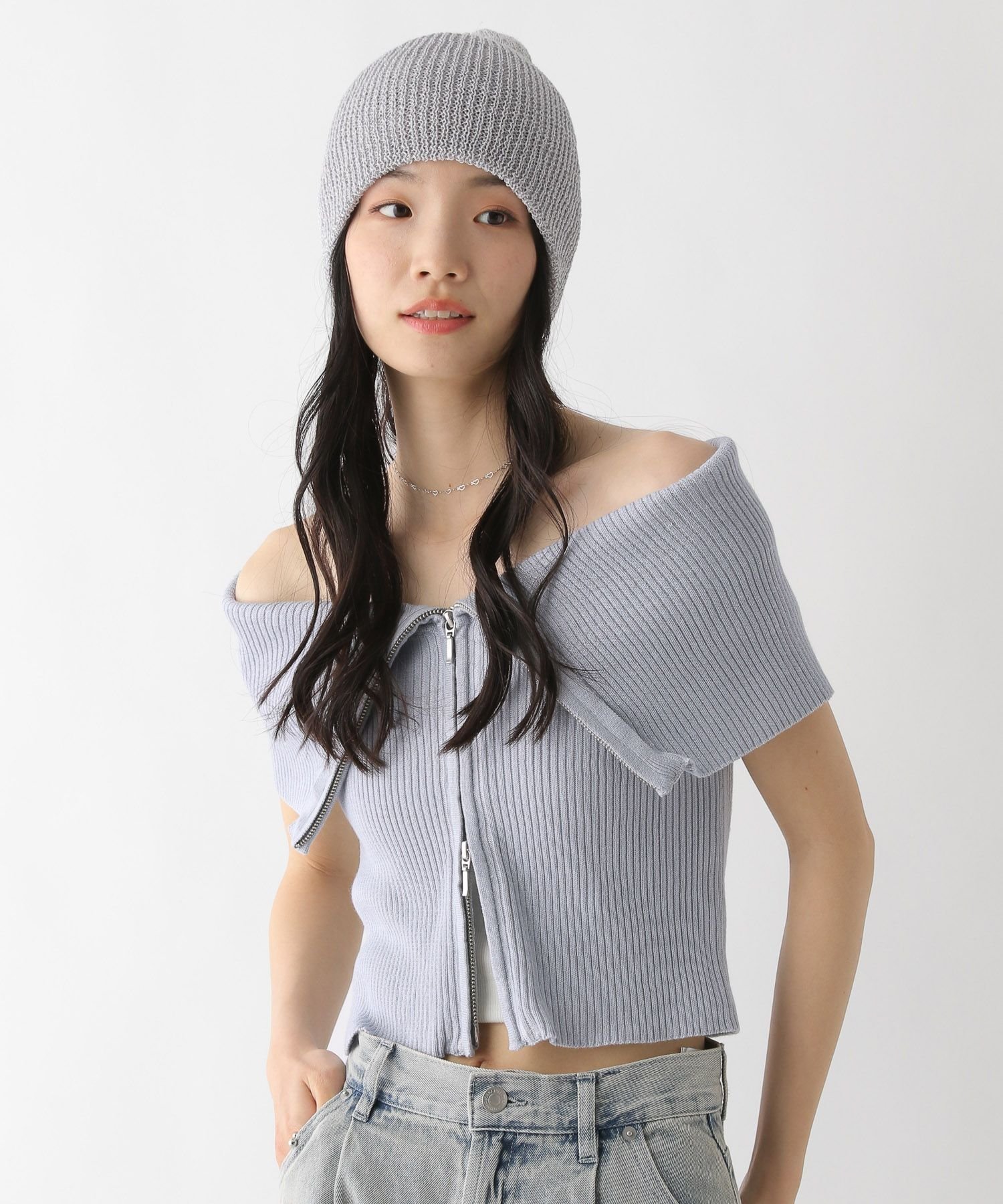Heather WZIPオフショルニット(半袖) ヘザー トップス ニット ホワイト ブルー ブラック