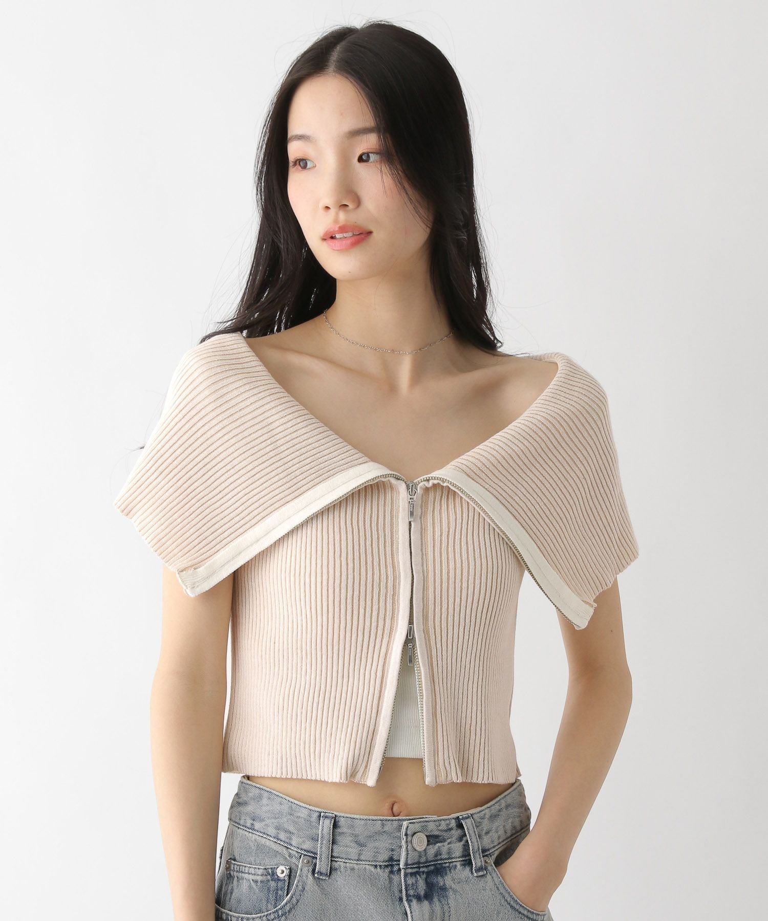 Heather WZIPオフショルニット(半袖) ヘザー トップス ニット ホワイト ブルー ブラック