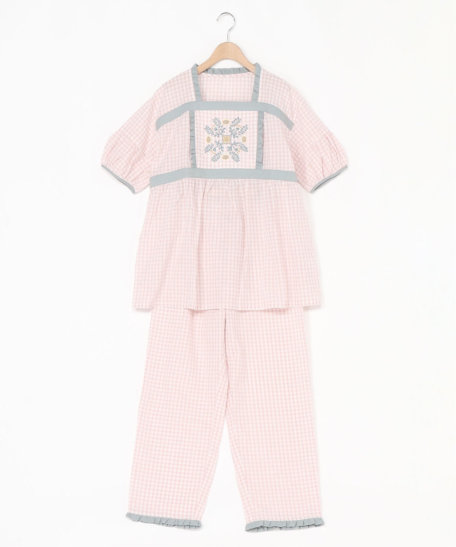 乐天商城 - KID BLUE (W)26ギンガムフラワーエンブ 5分袖パジャマ キッドブルー インナー・ルームウェア パジャマ ブラック ピンク【送料無料】