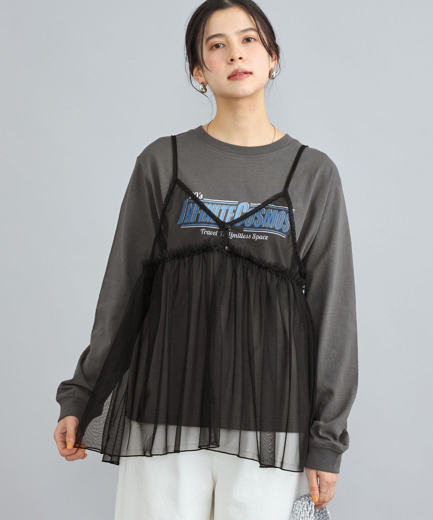 coen チュールキャミ付きロックTシャツ コーエン トップス カットソー・Tシャツ グレー ホワイト【送料無料】のサムネイル