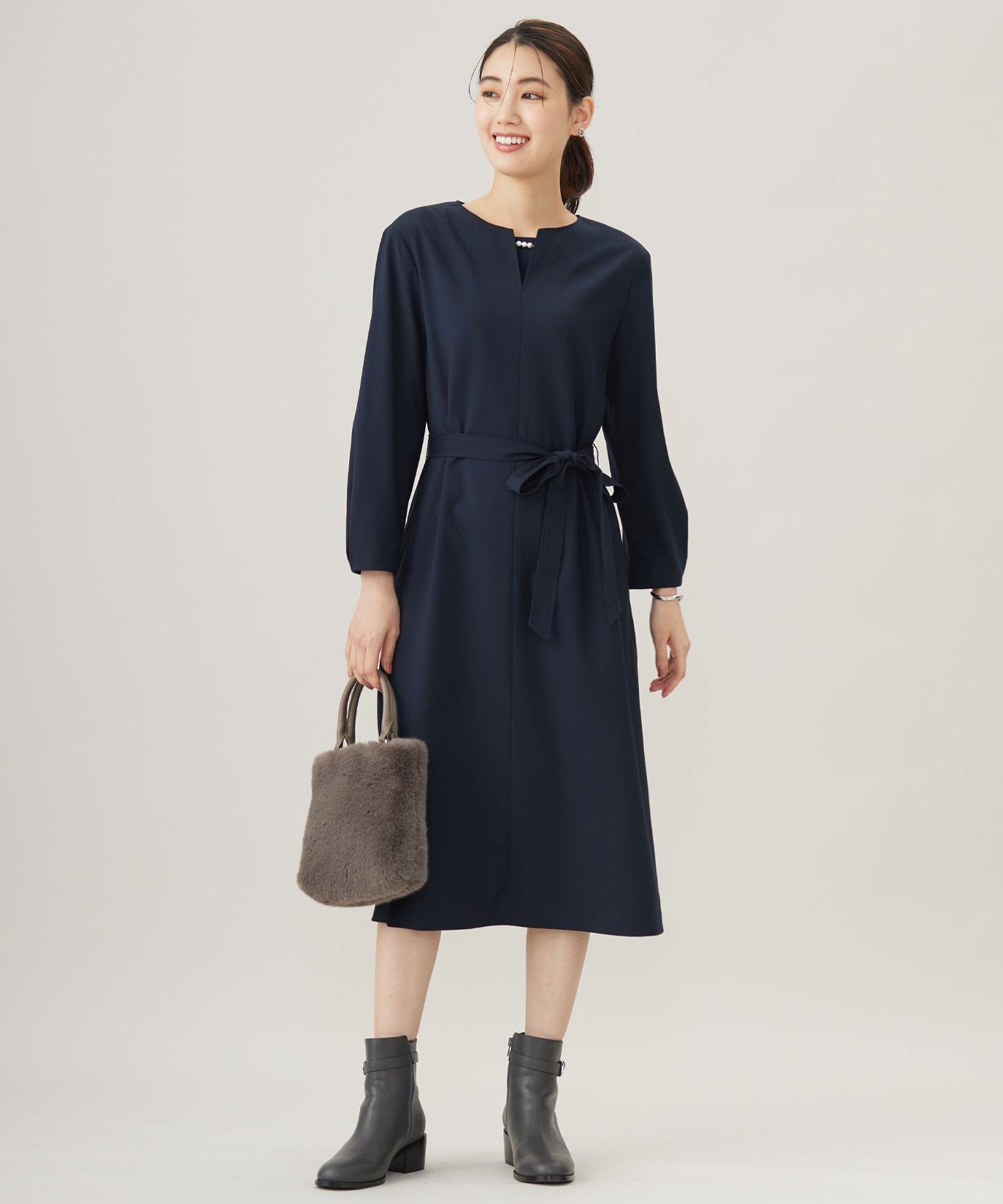 J.PRESS 【洗える】T/Rウォッシャブルギャバ パール釦 ワンピース ジェイプレス ワンピース・ドレス ワンピース ネイビー グレー