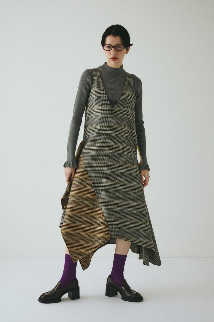 HeRIN.CYE V design check dress ヘリンドットサイ ワンピース・ドレス ワンピース ブラウン グレー