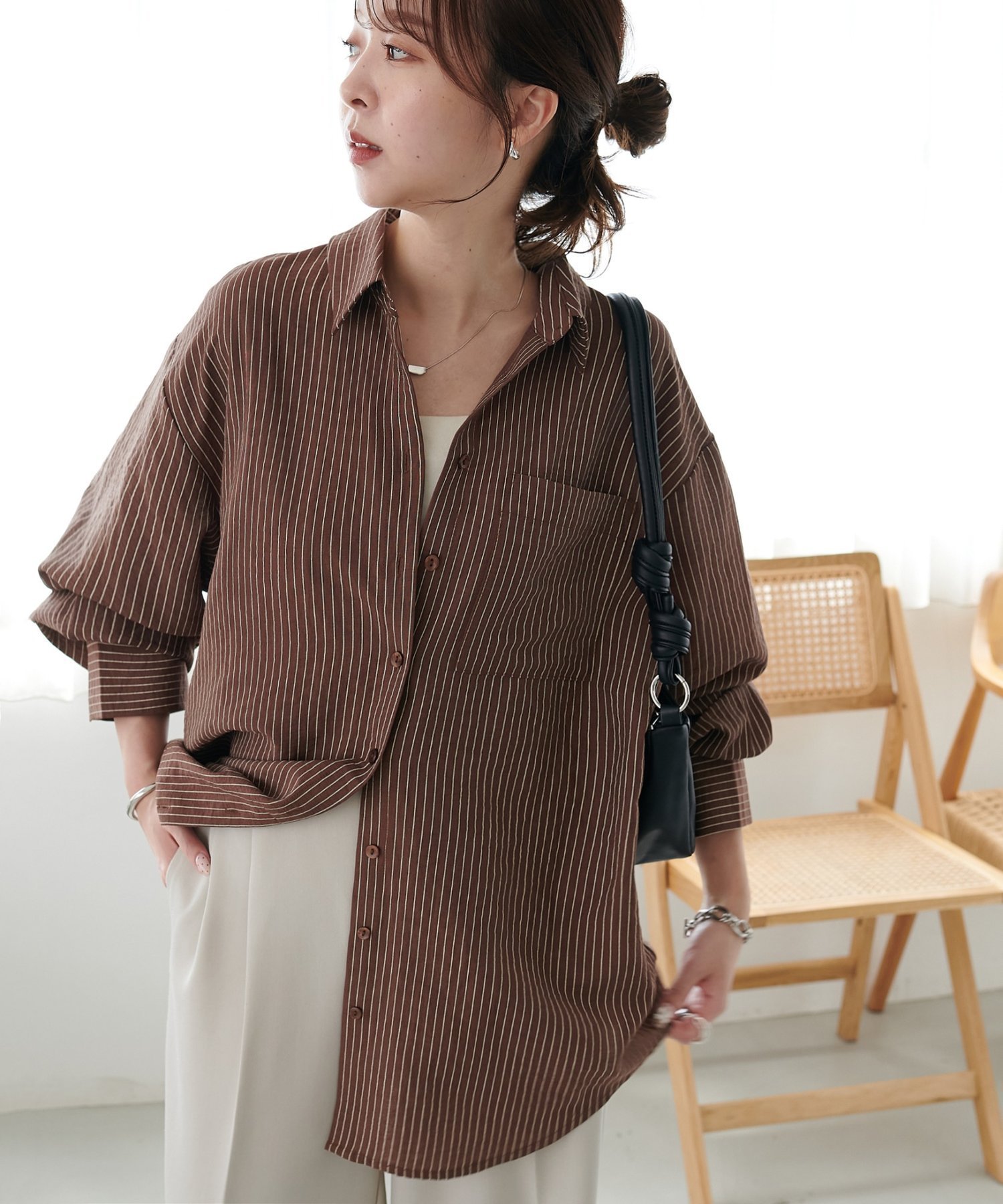 Discoat 配色ストライプシャツ ディスコート トップス シャツ・ブラウス ブラウン グレー ベージュ【送料無料】