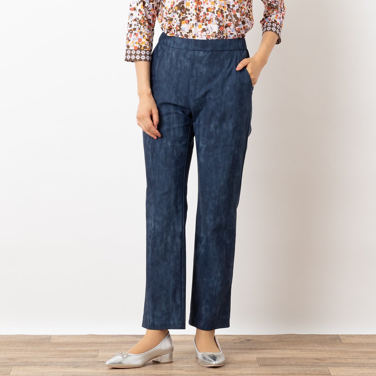 【SALE／30%OFF】LOBJIE 【洗える・S~LLサイズ】オールゴム ストレートパンツ(デニム柄) ロブジェ パンツ チノパンツ ホワイト ネイビー【送料無料】