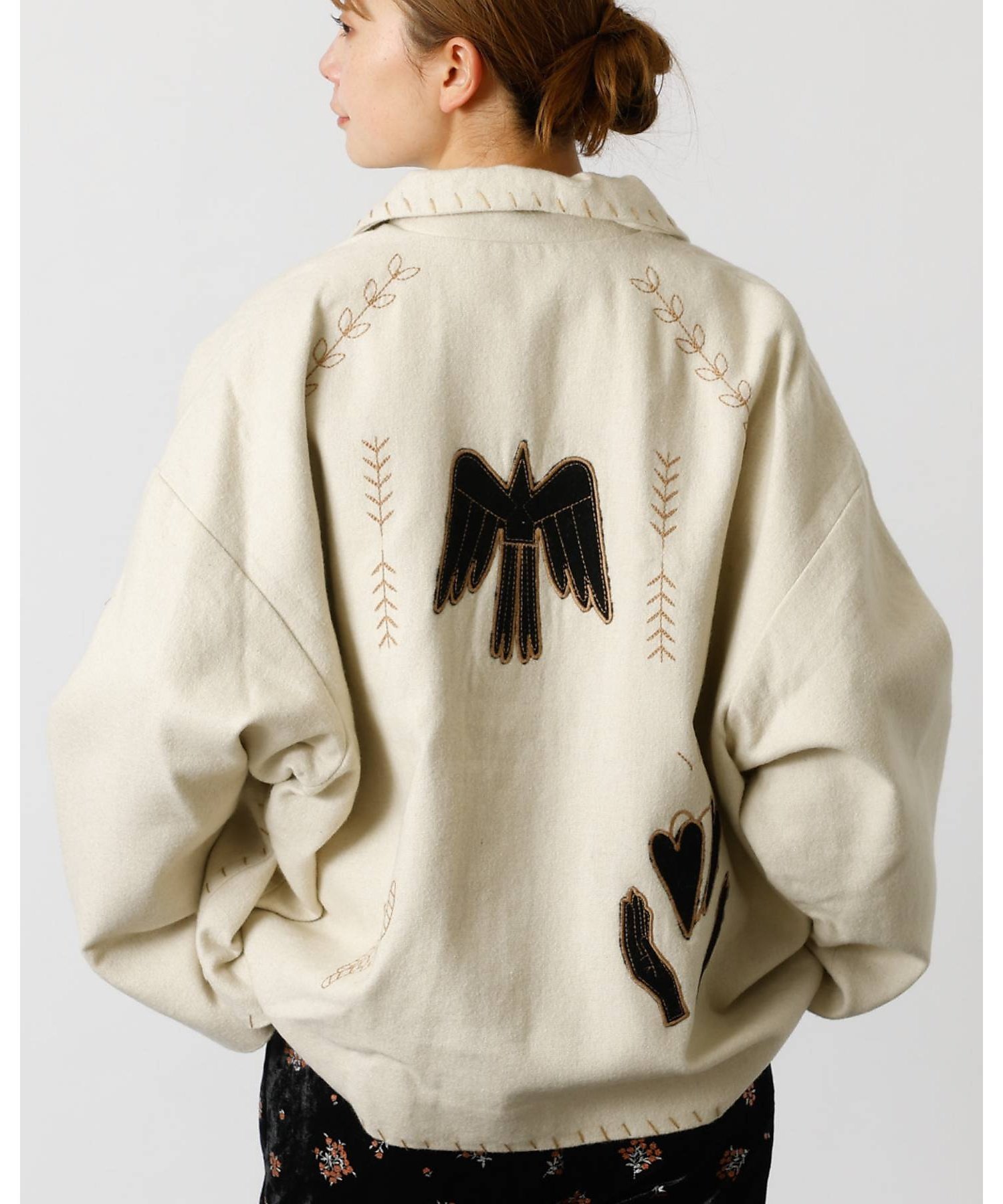 Rouge vif la cle 【Le Melange/ル・メランジュ】パッチワーク刺繍ステンカラー / メキシ ルージュ・ヴィフ ラクレ ジャケット・アウター テーラードジャケット・ブレザー ブラック ホワイト【送料無料】