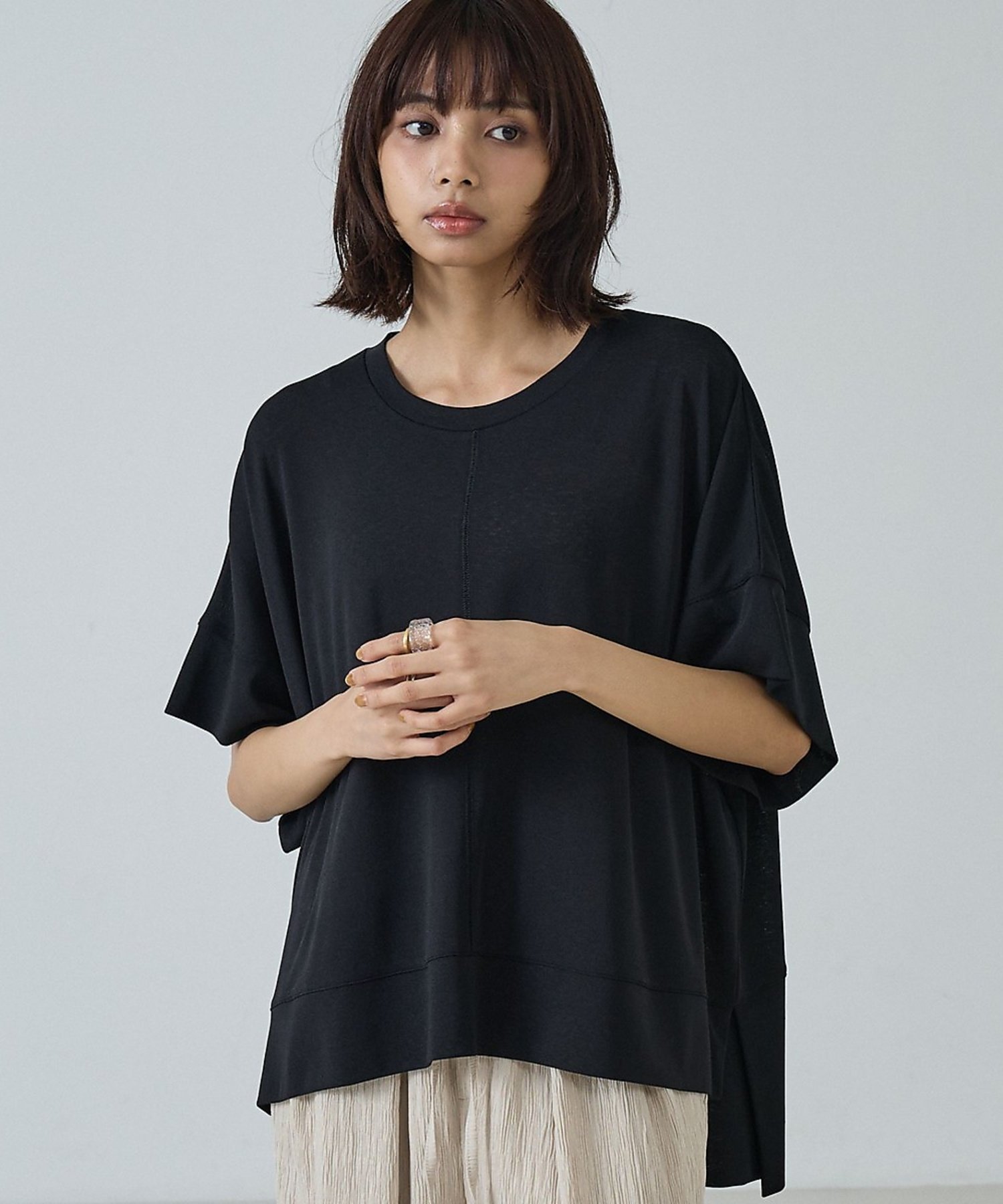 abahouse mavie 【二の腕カバー】スラブプルオーバー【予約】 アバハウス マヴィ トップス カットソー・Tシャツ ブラック【送料無料】