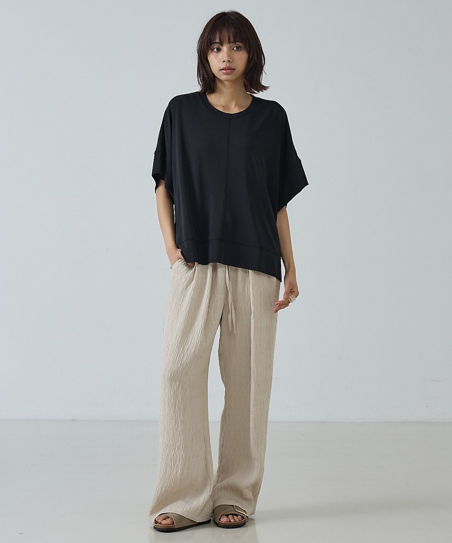 abahouse mavie 【二の腕カバー】スラブプルオーバー【予約】 アバハウス マヴィ トップス カットソー・Tシャツ ブラック【送料無料】